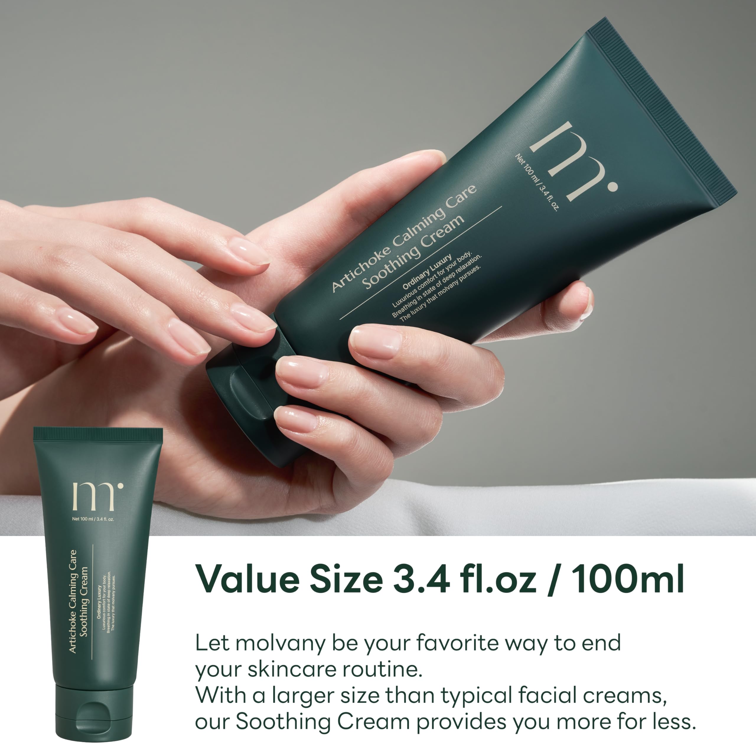 molvany Artichoke Calming Care ingredients highlighting plant-based formula with artichoke leaf extract.