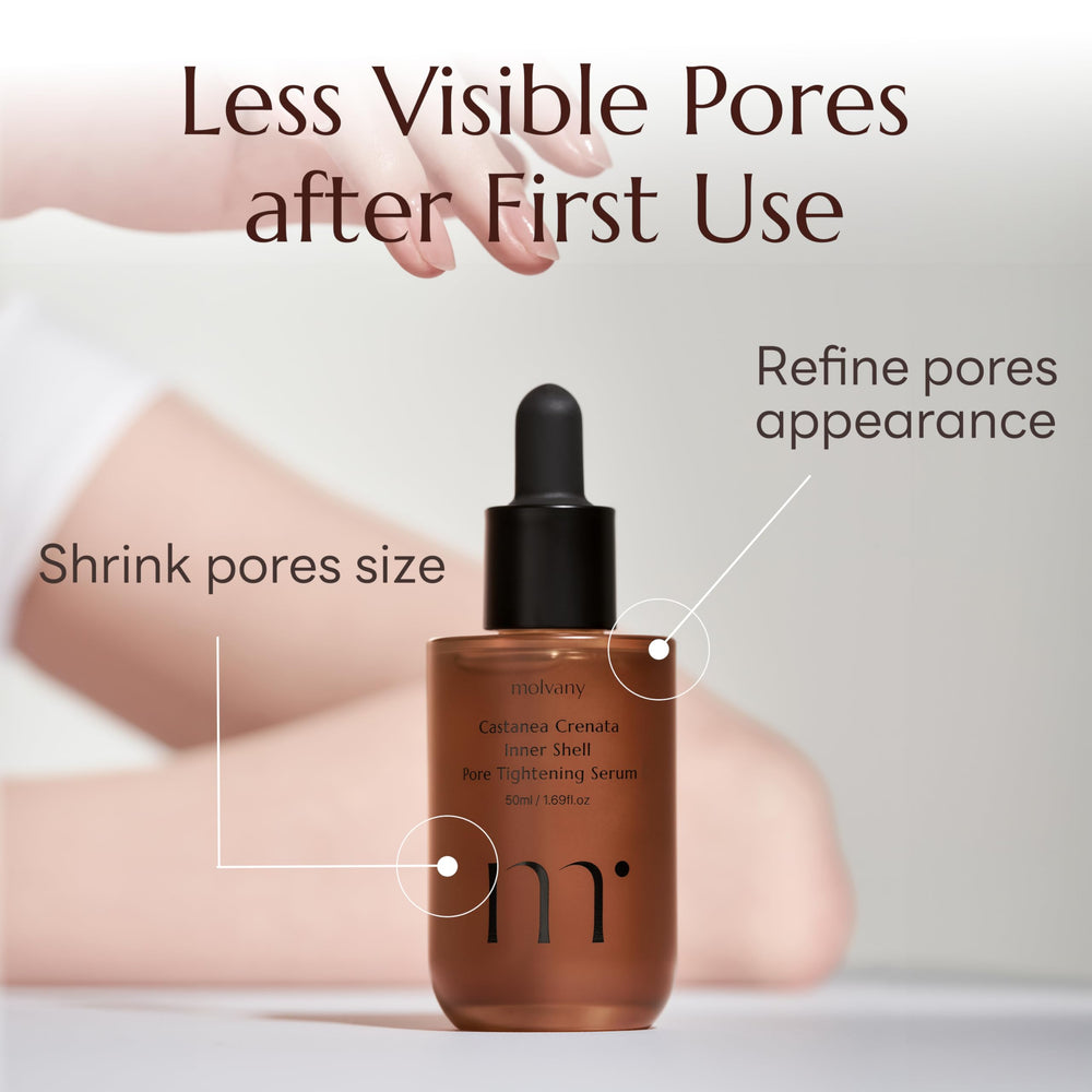 Texture-focused shot highlighting creamy serum texture and chestnut husk ingredients.