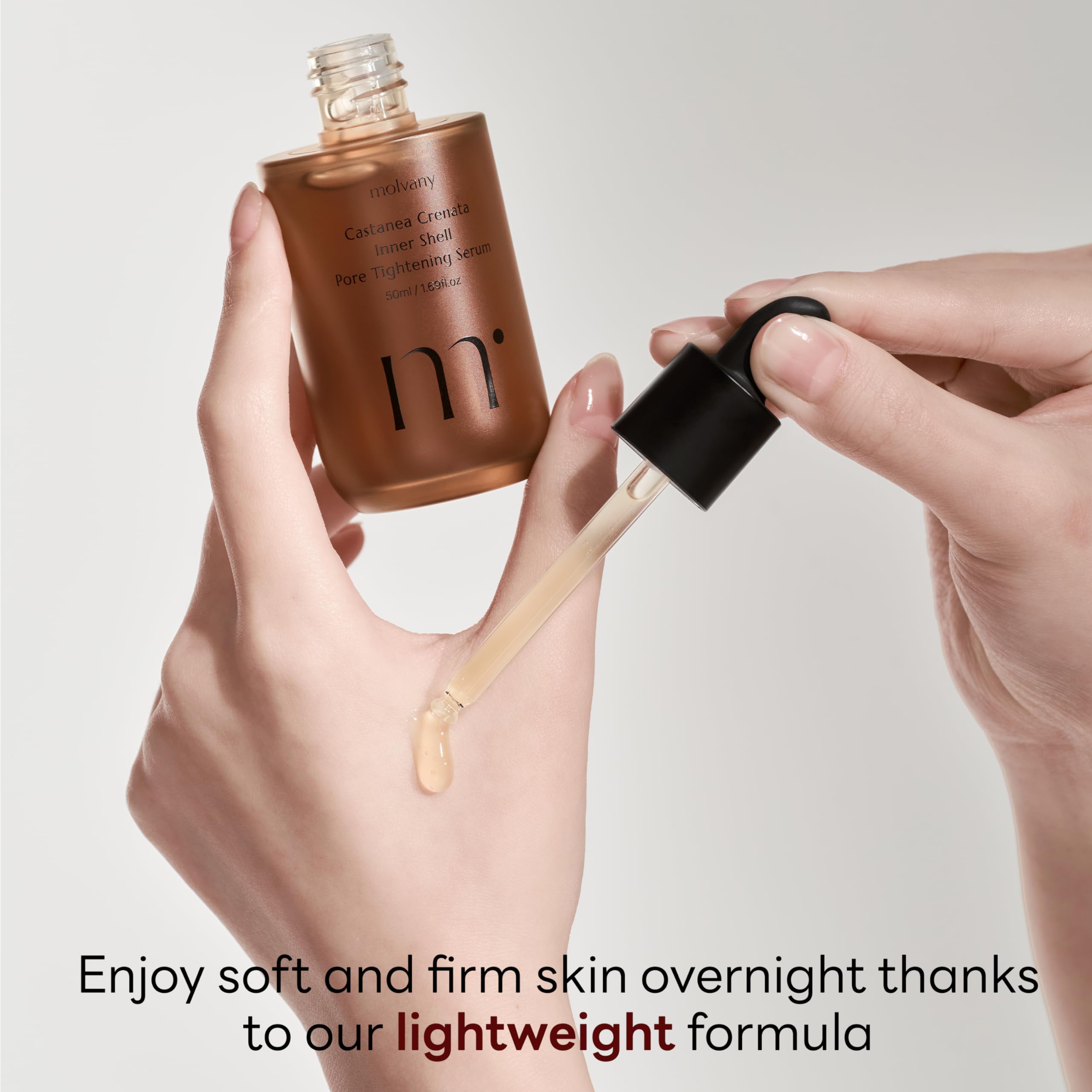 Skin surface with dewy hydration after Molvany Castanea Crenata serum.
