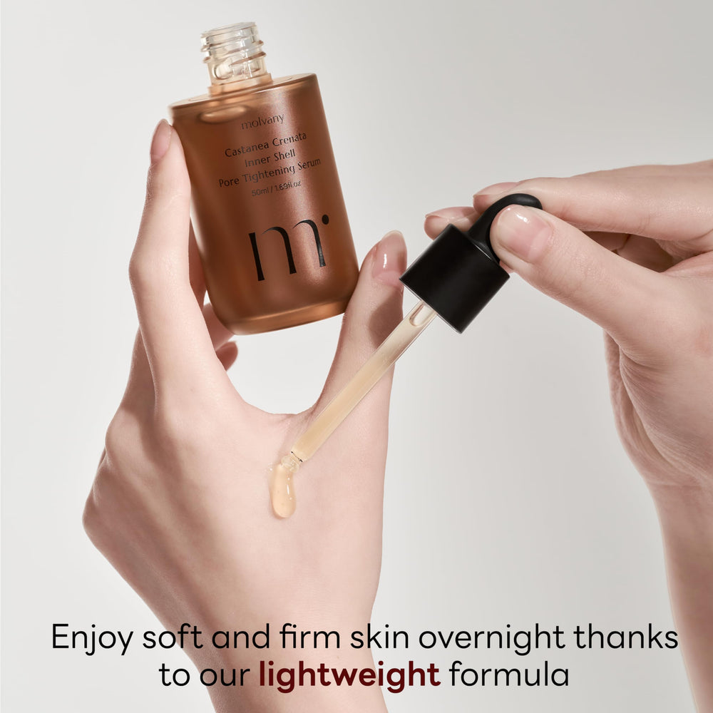Skin surface with dewy hydration after Molvany Castanea Crenata serum.