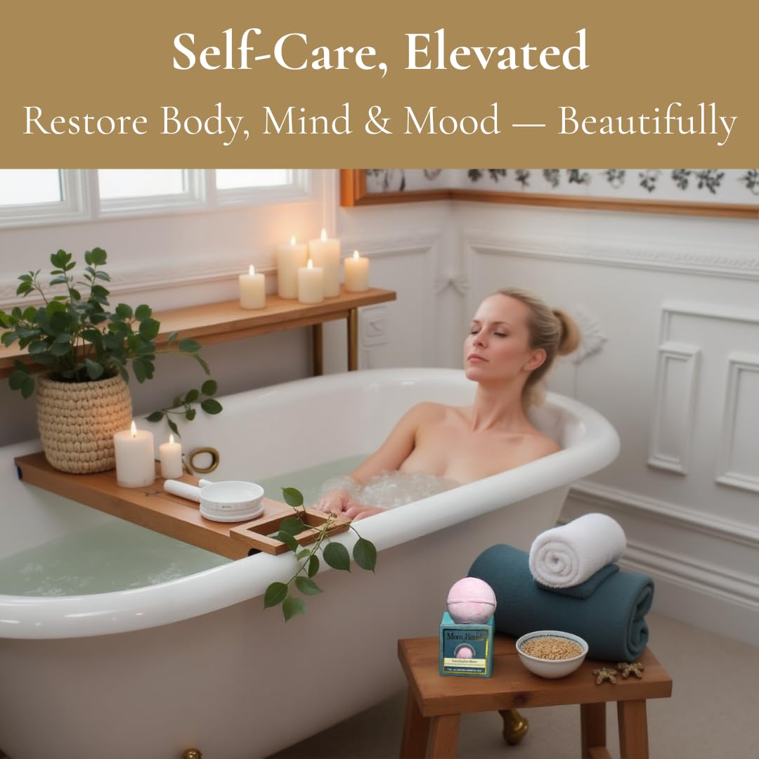 Mom Bomb Fireside Dreams bath bomb creates cozy ambiance with warm, comforting notes.