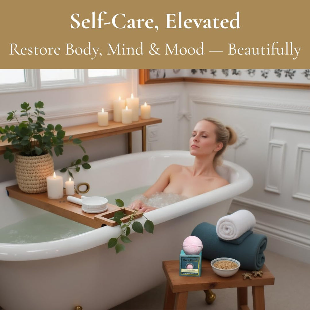 Mom Bomb Fireside Dreams bath bomb creates cozy ambiance with warm, comforting notes.