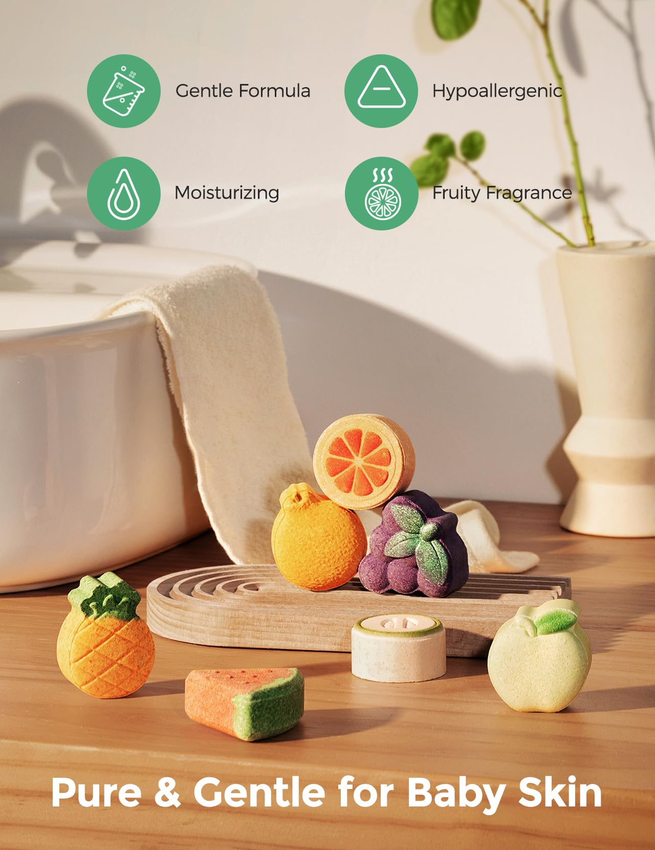 Momcozy apple fruit bath bomb design delivering colorful fizz and fun.