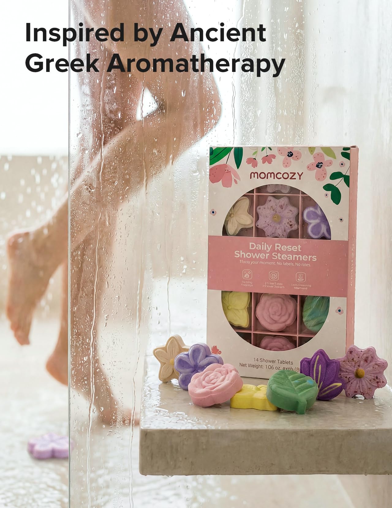 Momcozy shower steamers collection image highlights the 14-pack gift idea.