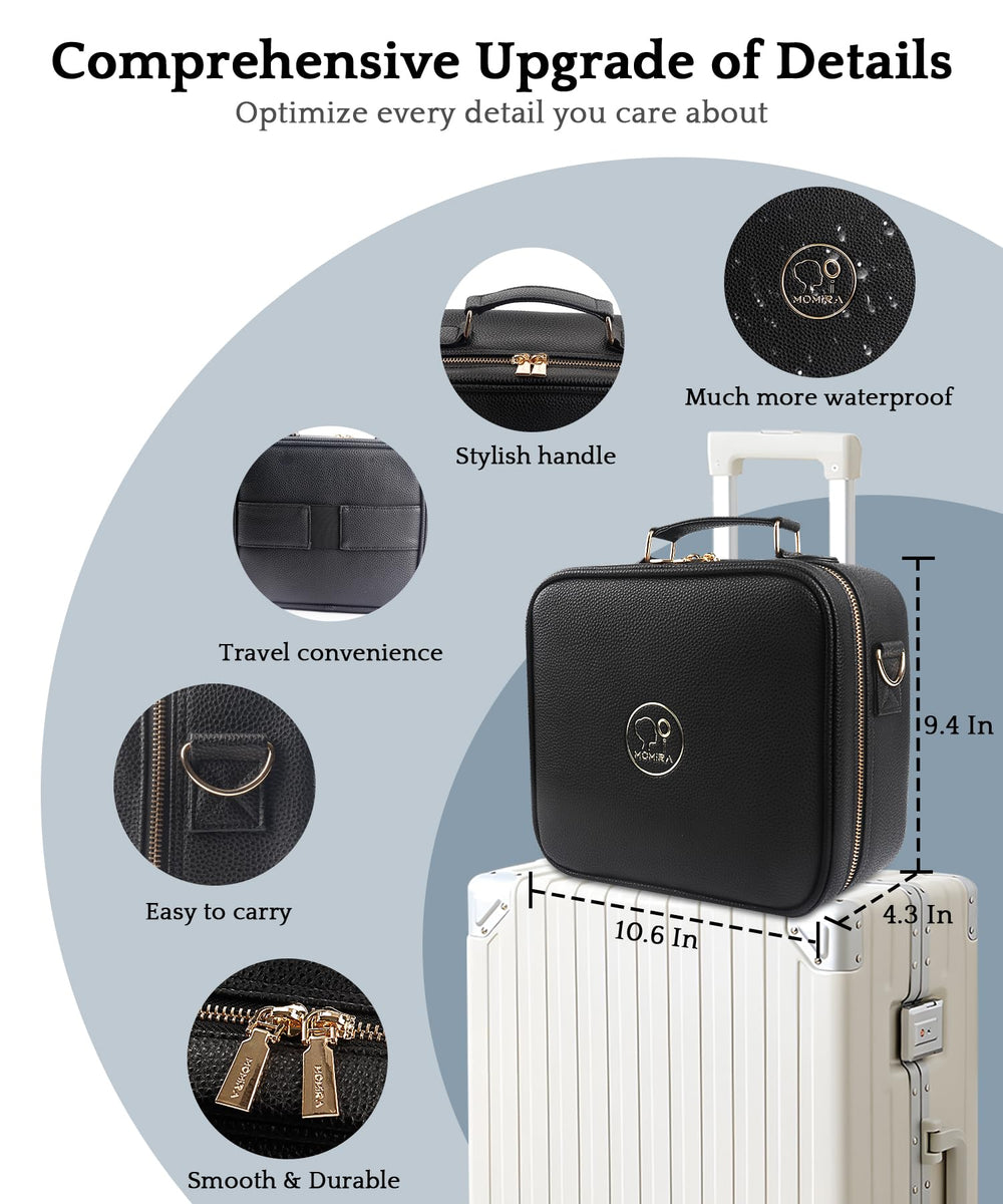 MOMIRA six detachable EVA partitions for customizable makeup organization.