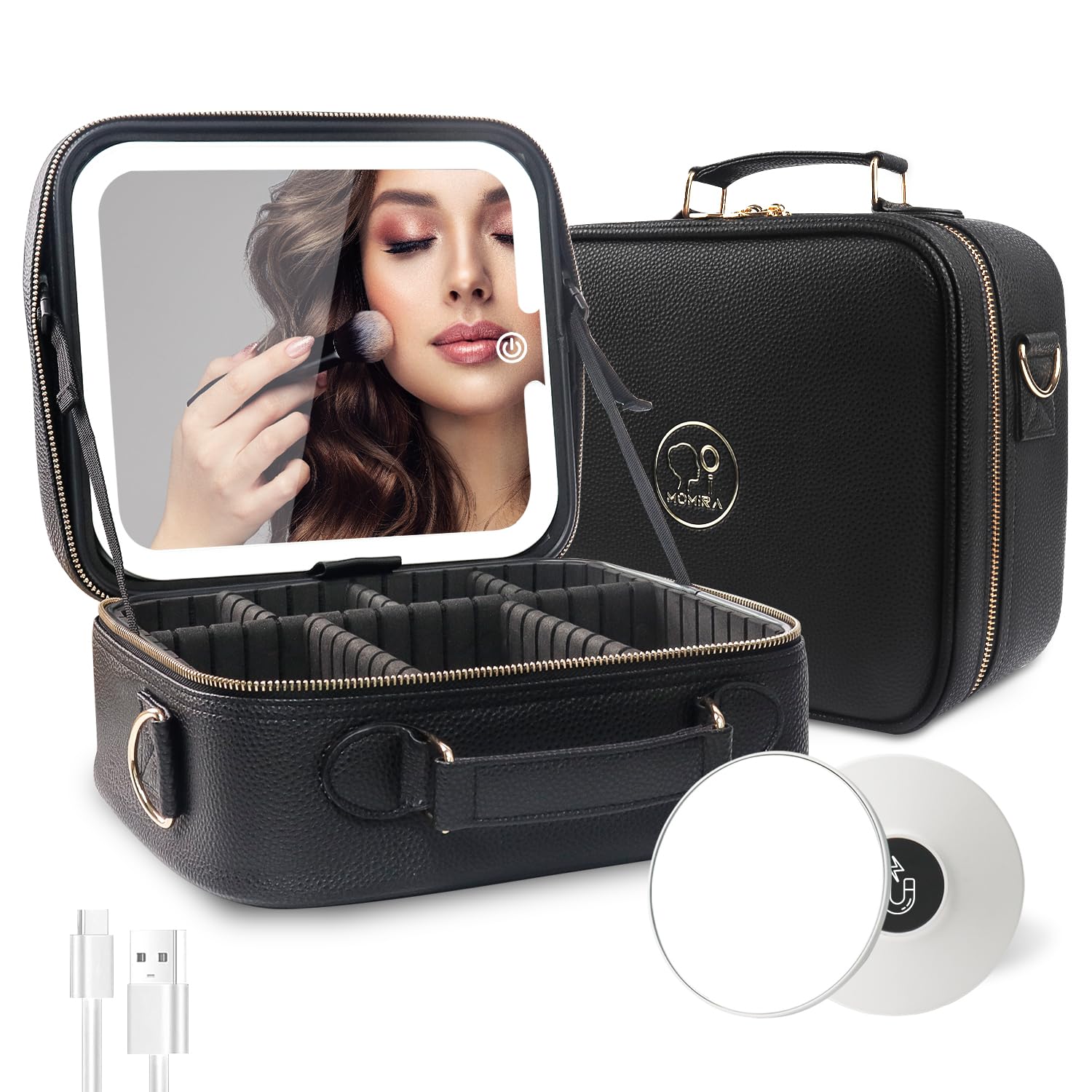 MOMIRA travel makeup bag with lighted mirror for on-the-go touchups.