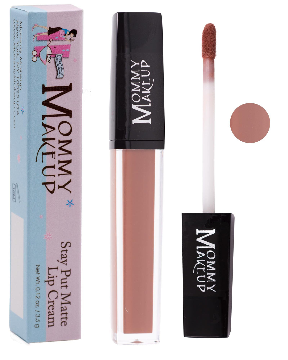 Mommy Makeup Stay Put Matte Lip Cream Sienna swatch demonstrates vibrant, kiss-proof color.