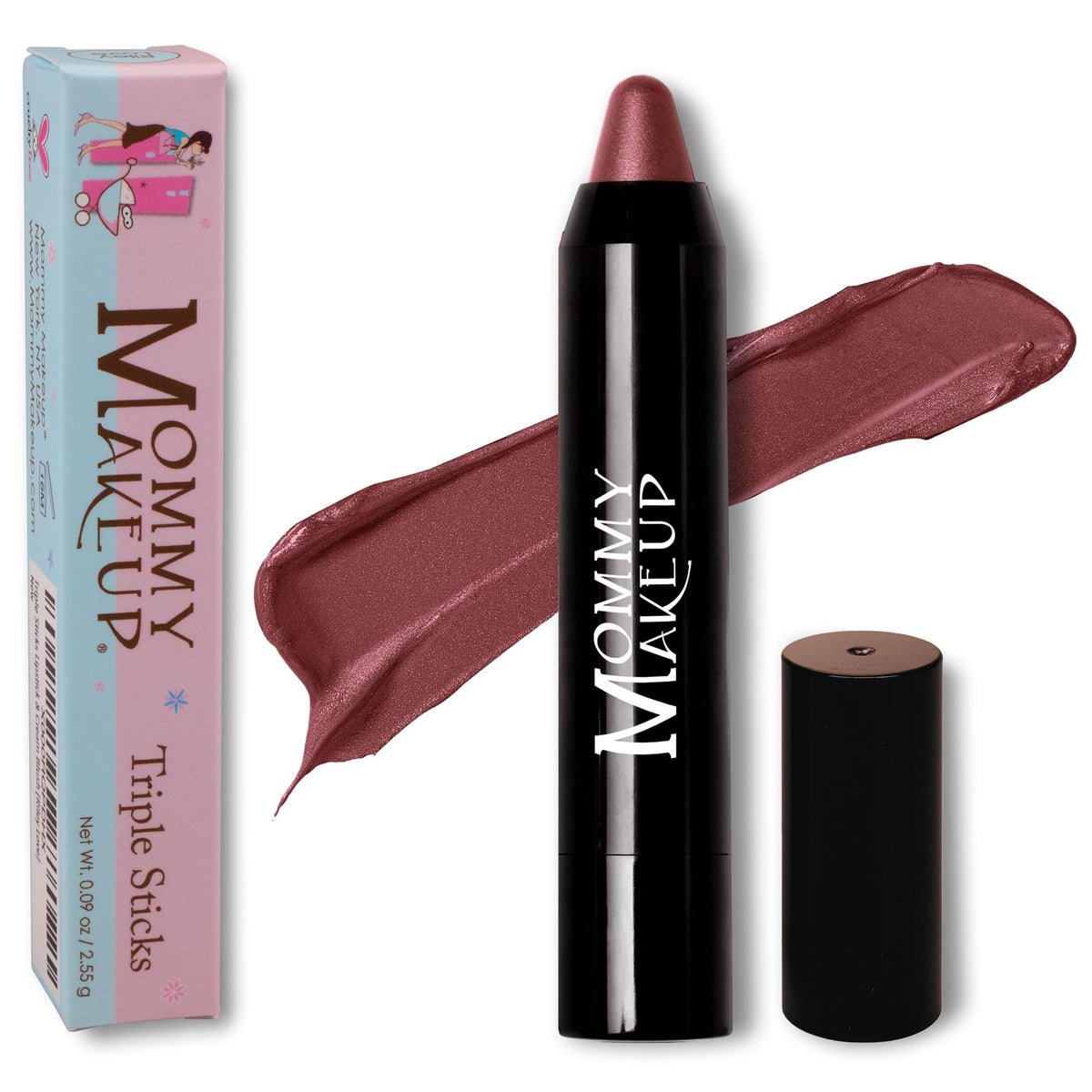 Mommy Makeup Triple Sticks lipstick swatch delivers rich color and smooth finish.