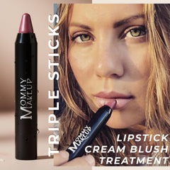 Mommy Makeup Triple Sticks treatment close-up nourishes lips with conditioning care.