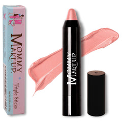 Mommy Makeup Triple Sticks on lips with creamy, long-lasting color.