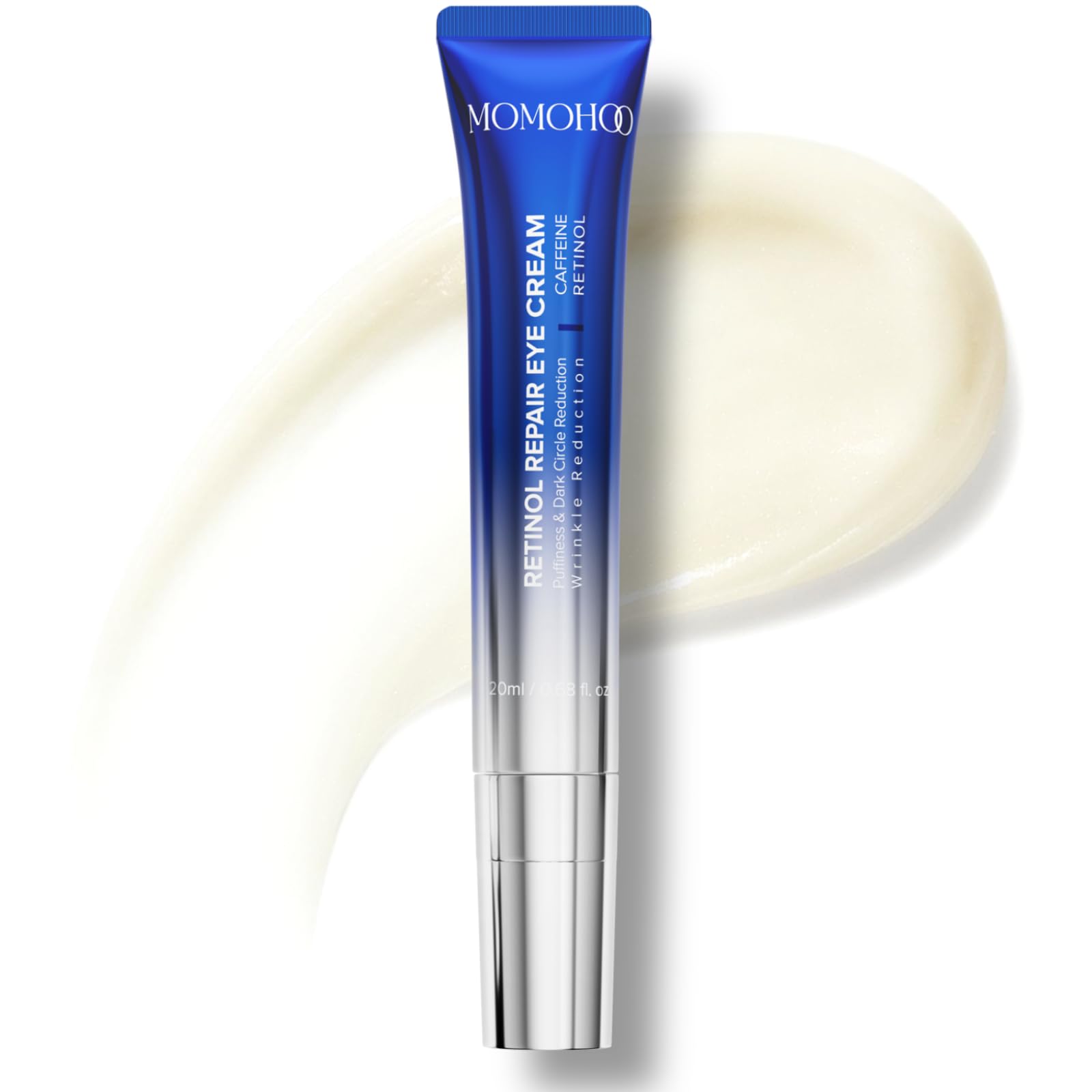 MOMOHOO Retinol Caffeine Under Eye Cream jar shows rich, hydrating texture for puffiness and fine lines.