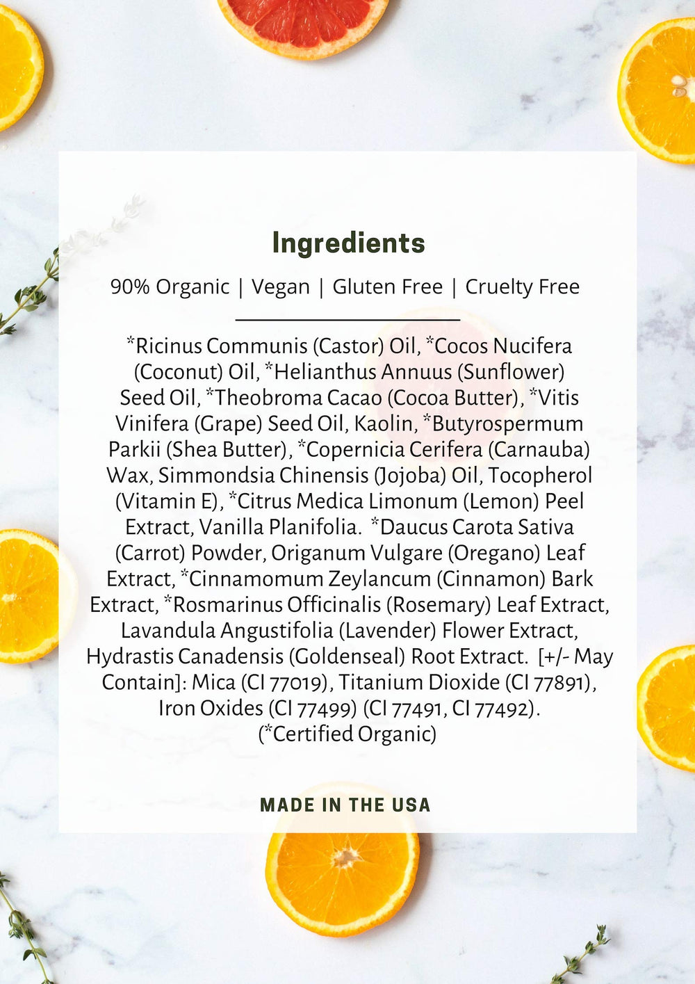 Organic ingredients label on Mom's Secret lip gloss highlights clean formulation.
