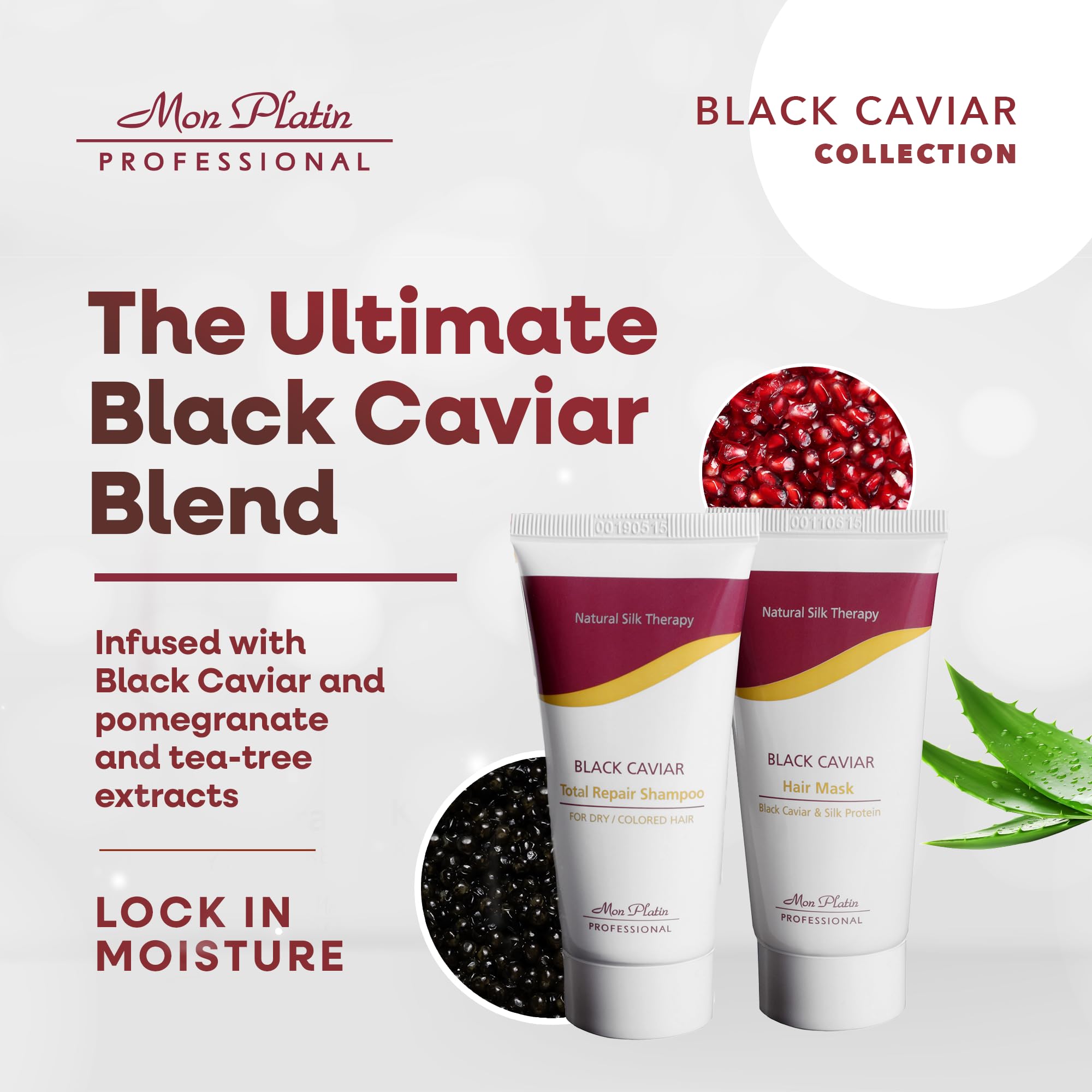 Mon Platin Black Caviar Therapy emphasizes targeted repair for colored, dry hair.