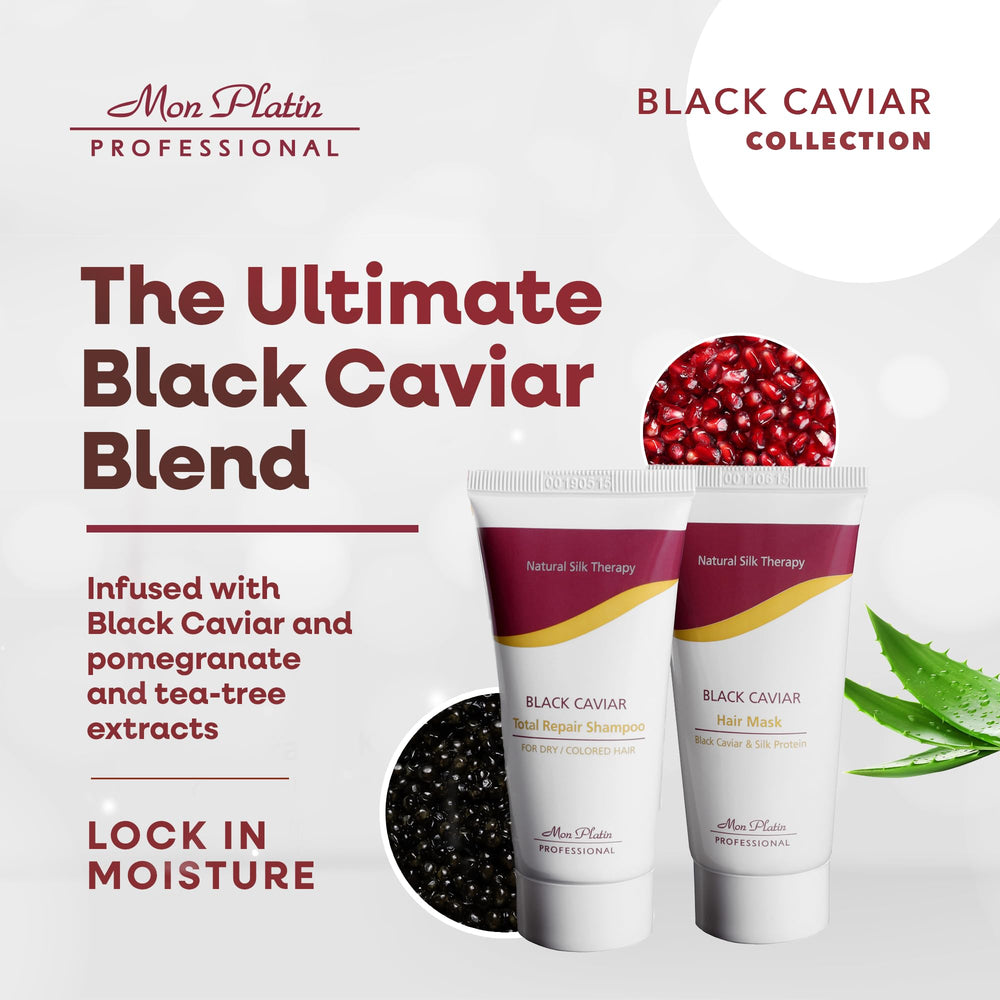 Mon Platin Black Caviar Therapy emphasizes targeted repair for colored, dry hair.
