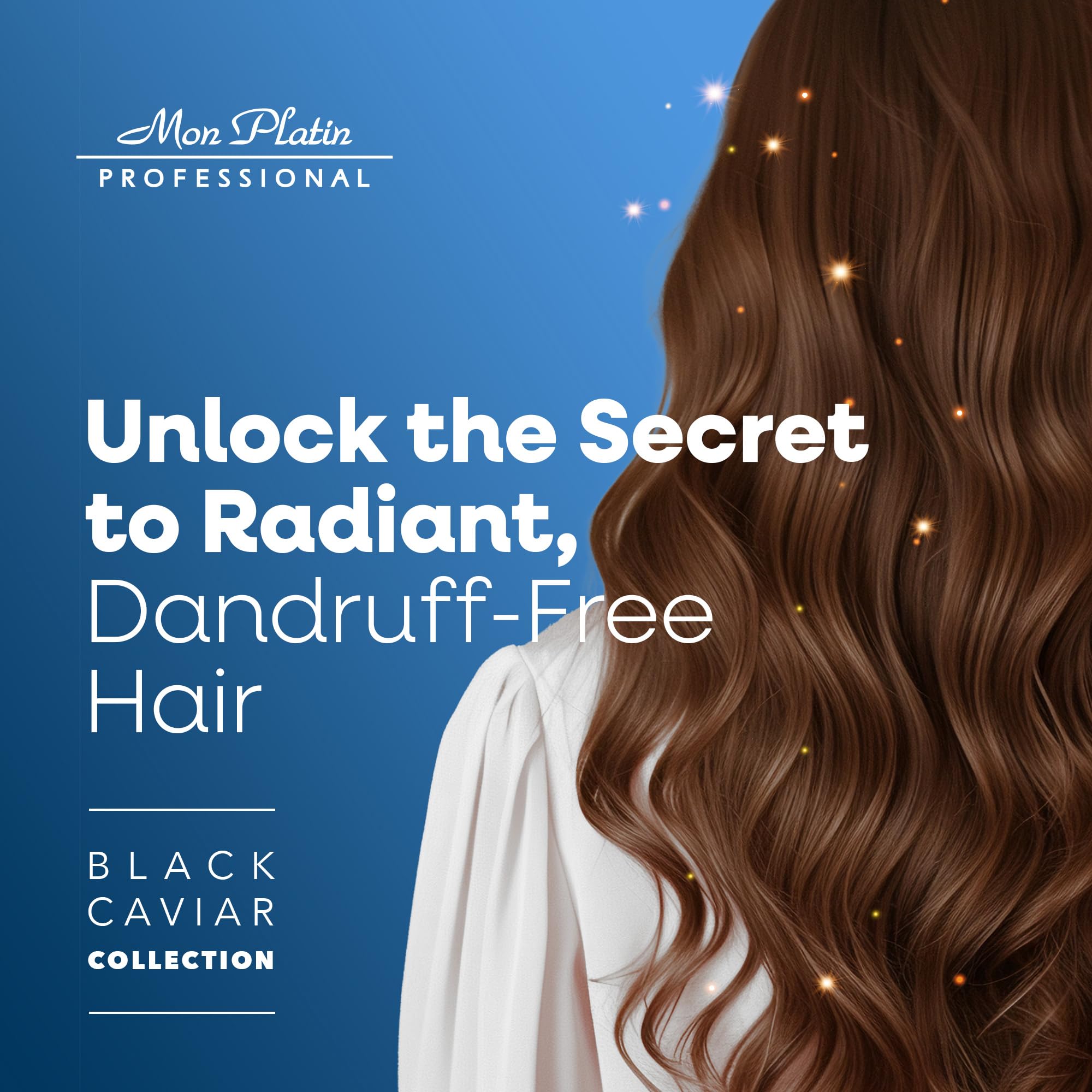 Mon Platin Black Caviar Total Clean label close-up highlights luxe anti-dandruff design.