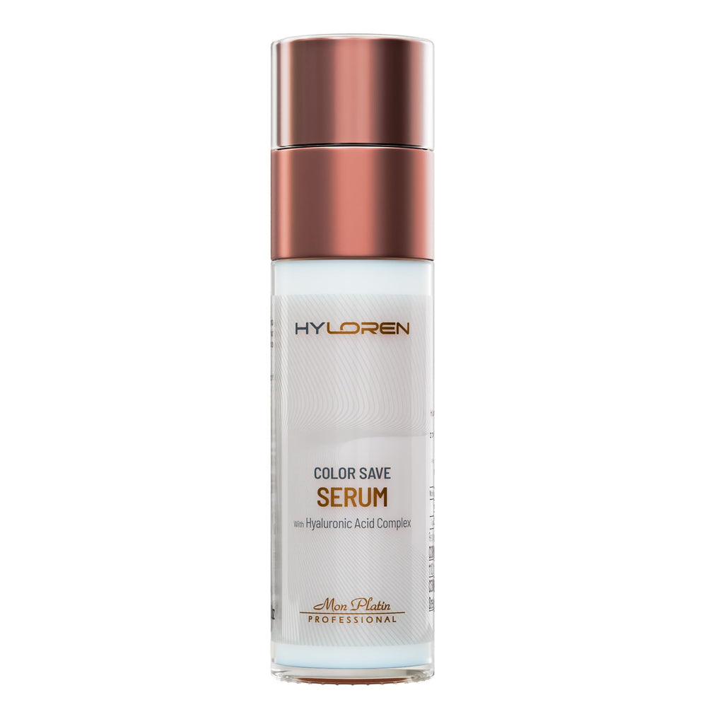 Mon Platin Color Save Serum bottle pouring for vibrant color protection and shine
