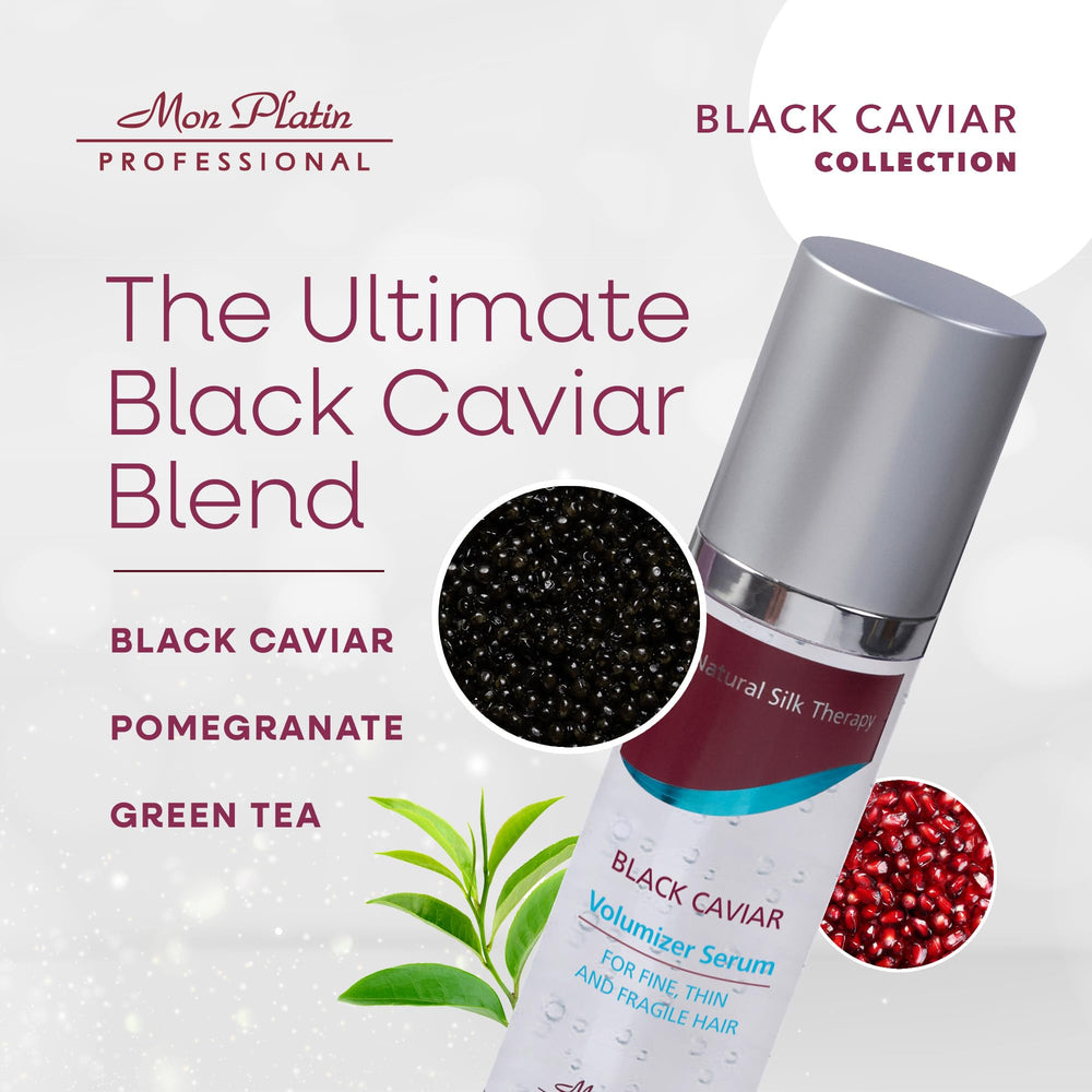 Premium packaging of Mon Platin Black Caviar Serum in a vanity setup.