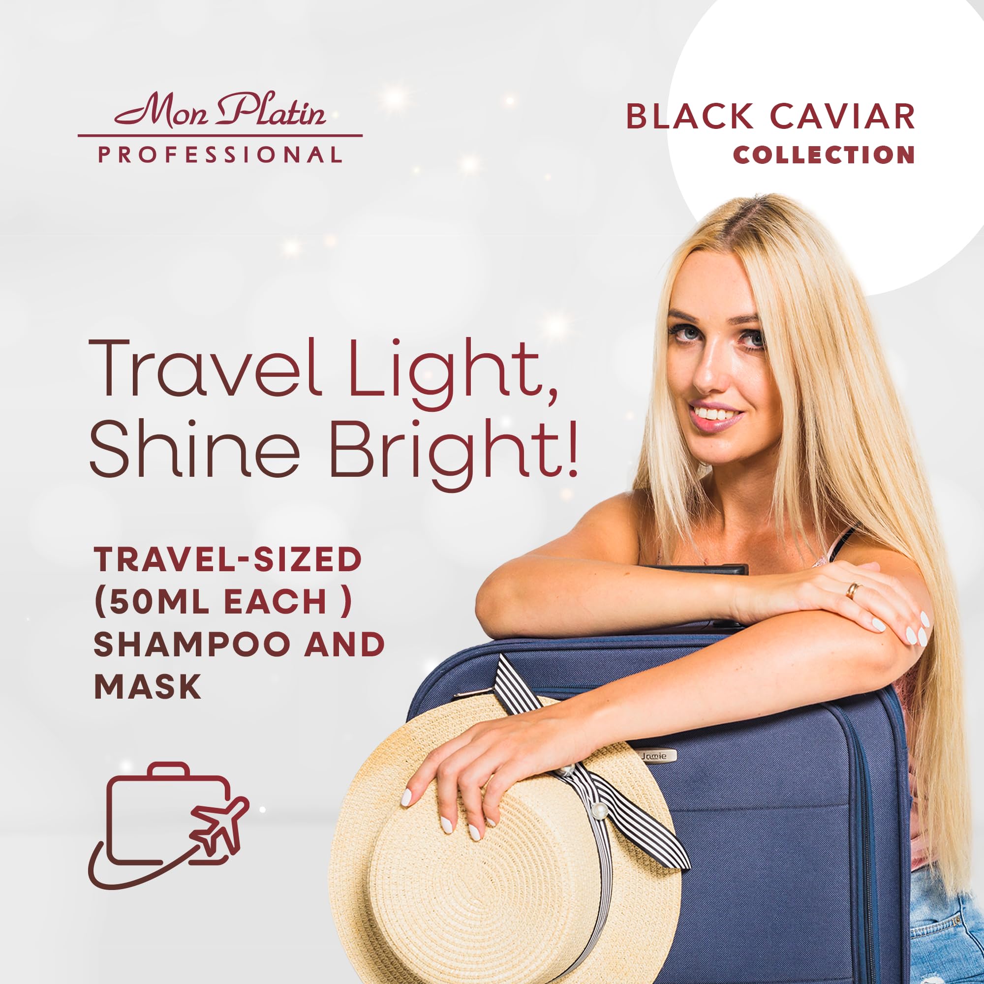 Mon Platin Travel Kit closeup packaging highlighting compact, travel-friendly hair treatment.