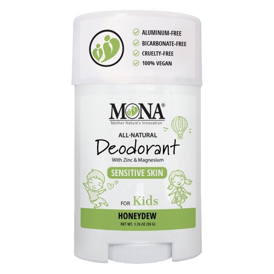 MONA honeydew natural kids deodorant stick with aluminum-free protection for sensitive underarms.