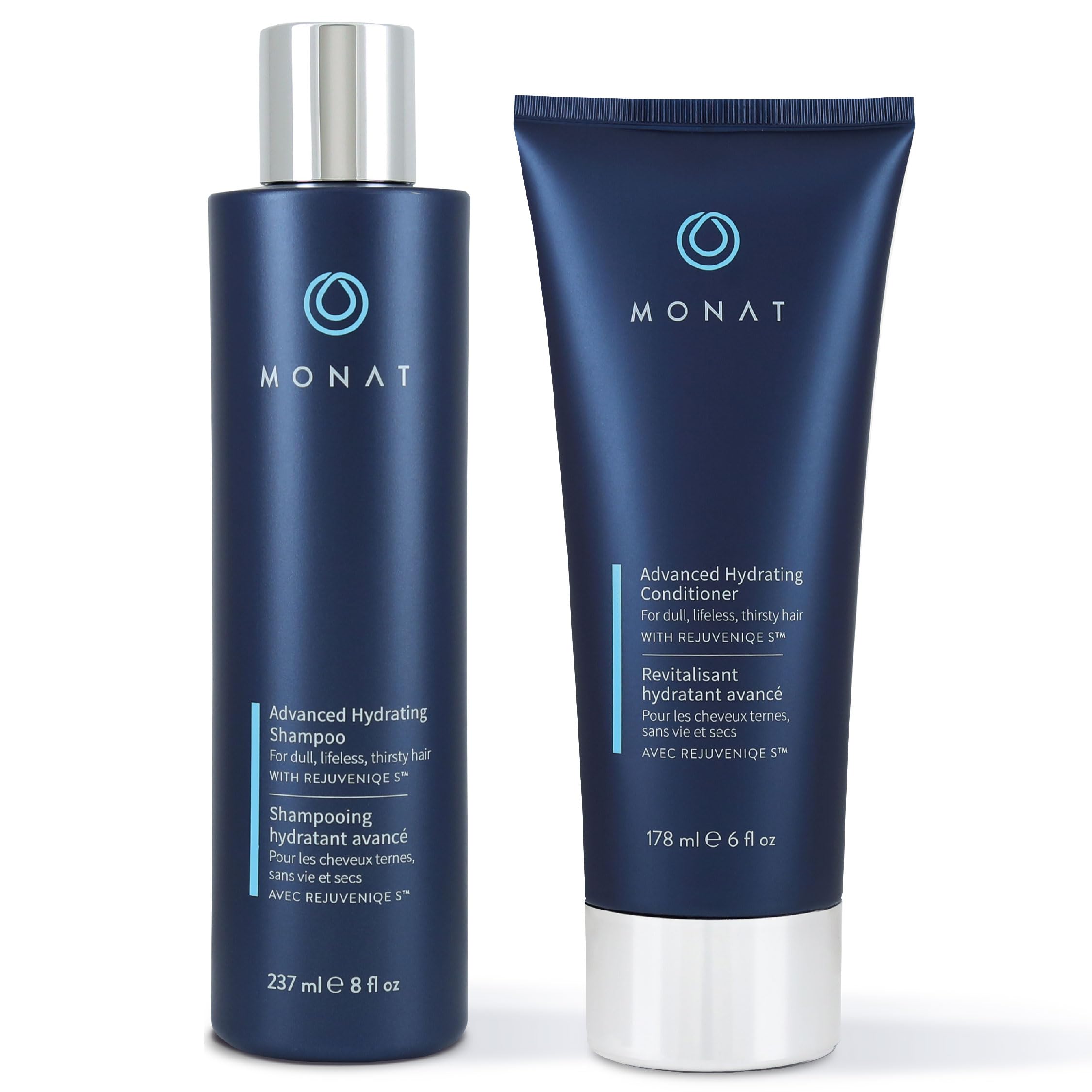 MONAT Advanced Hydration Shampoo bottle pouring for lightweight moisture on color-treated hair