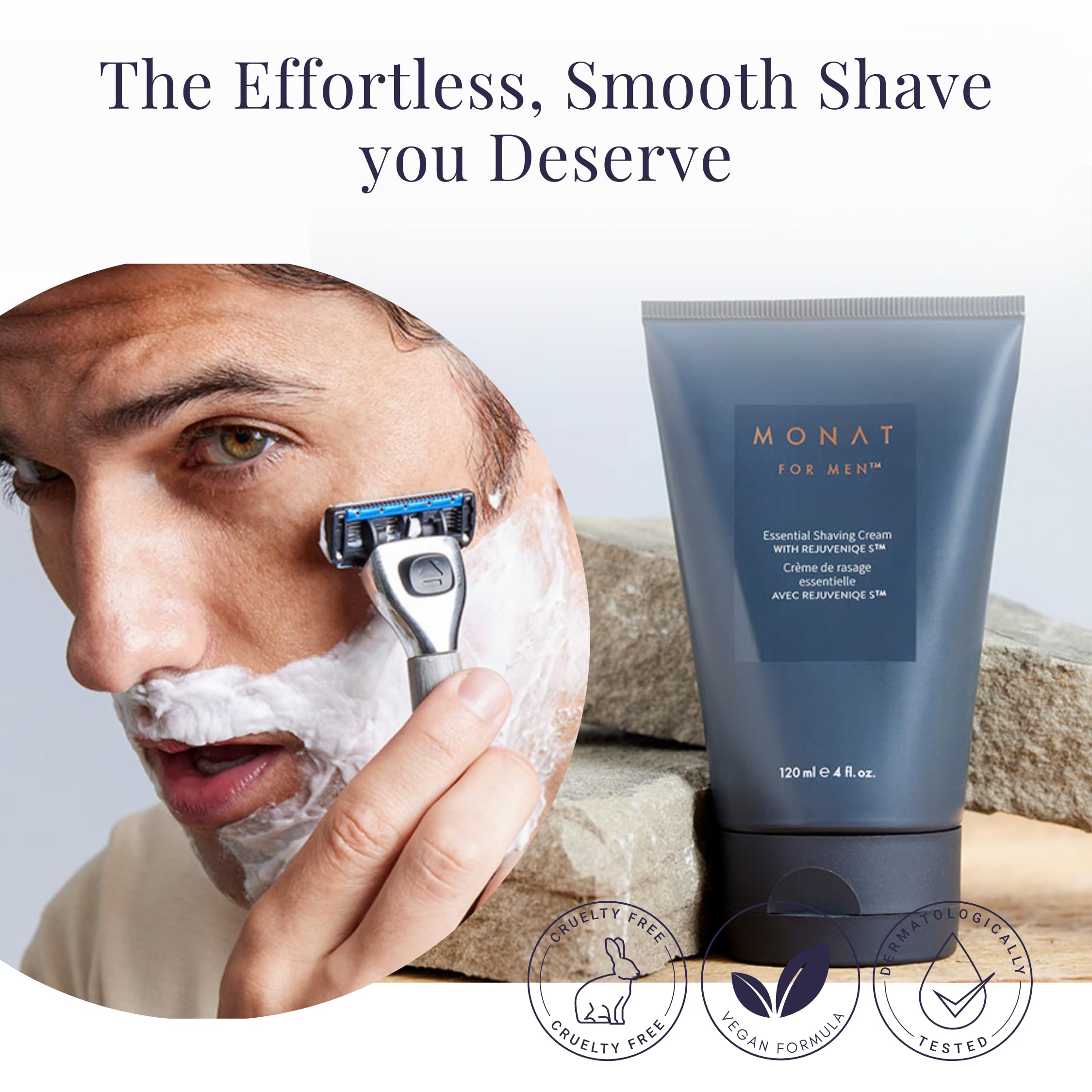 Hands applying MONAT cream for a gentle, easy shave.
