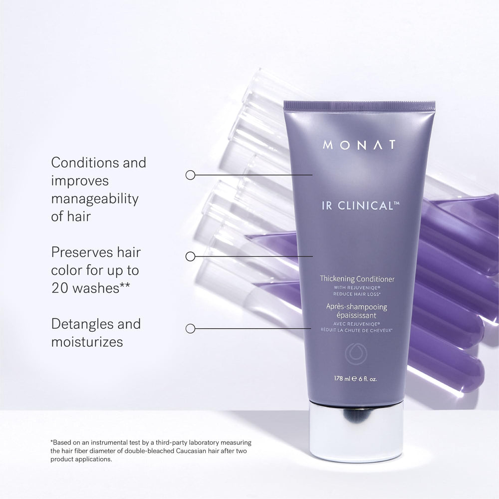 MONAT IR Clinical System Thinning Defense Serum bottle applied to scalp