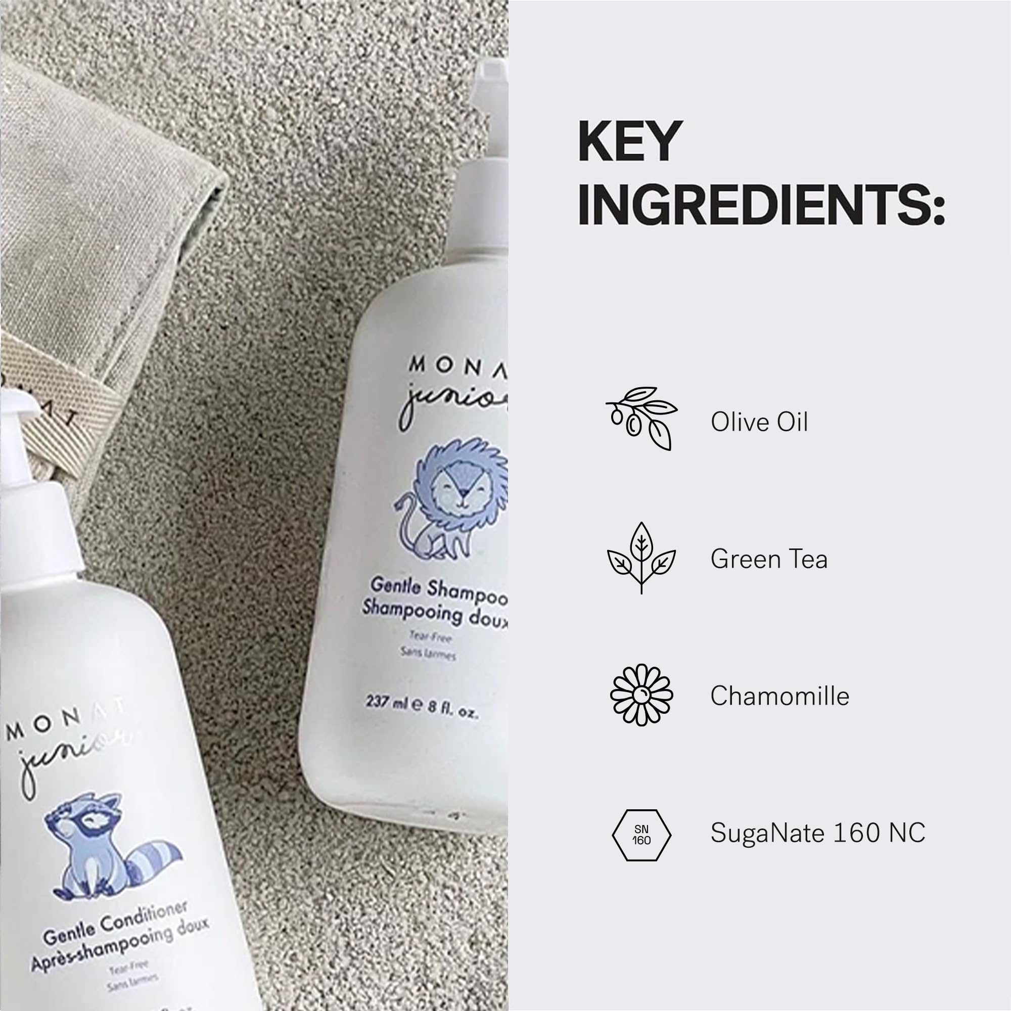 MONAT Junior conditioner with rose hips and green tea—nourishing blend for healthy-looking shine.