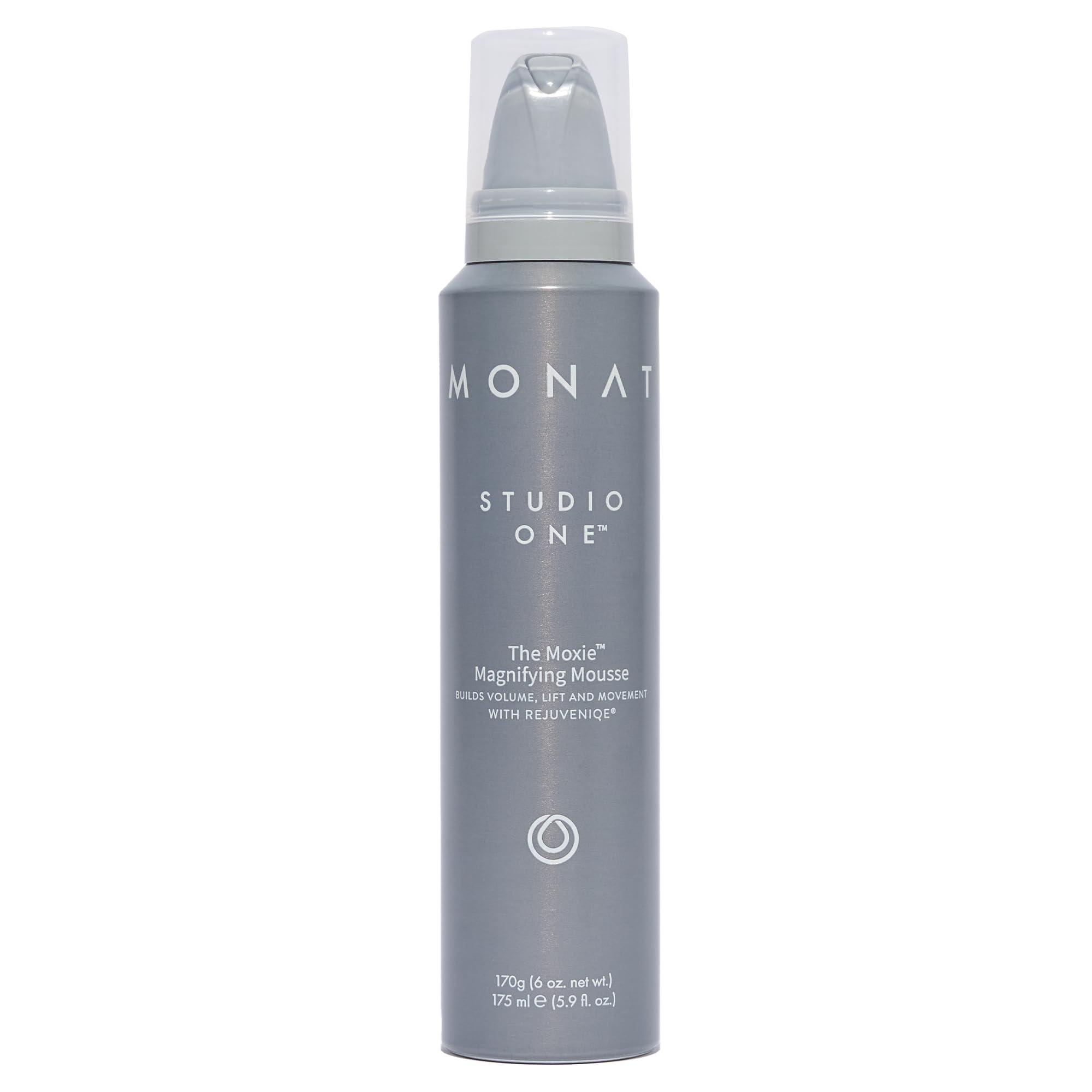 MONAT Moxie Magnifying Mousse bottle demonstrates lightweight volume for fine hair.