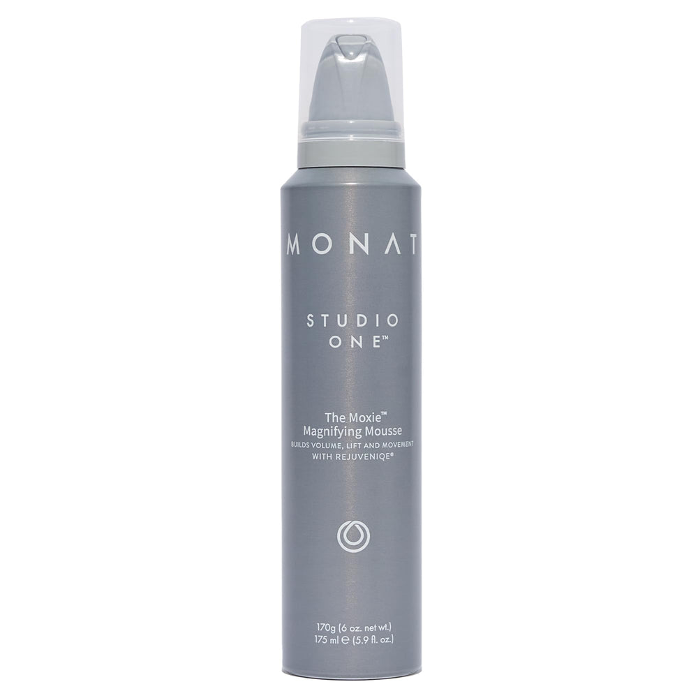 MONAT Moxie Magnifying Mousse bottle demonstrates lightweight volume for fine hair.