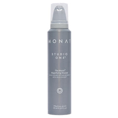 MONAT Moxie Magnifying Mousse bottle demonstrates lightweight volume for fine hair.