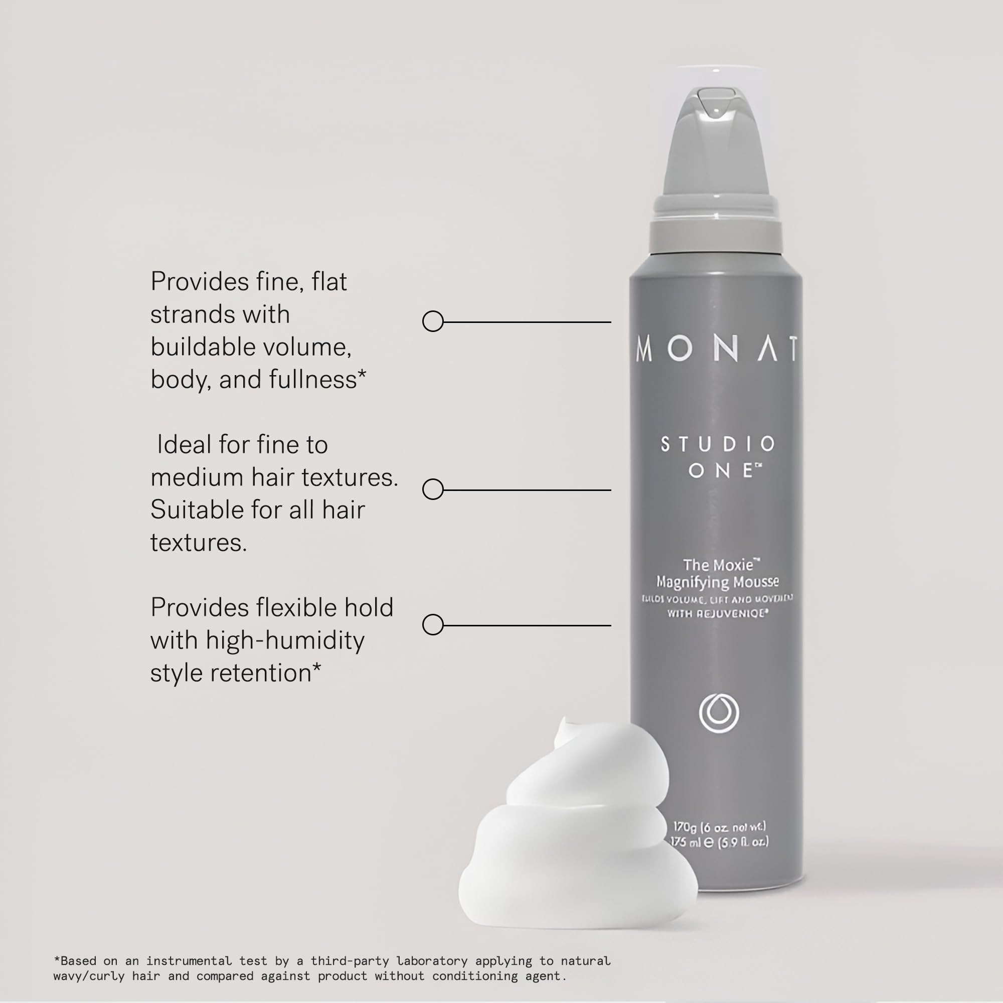 MONAT Moxie Magnifying Mousse delivers frizz control in humid conditions.