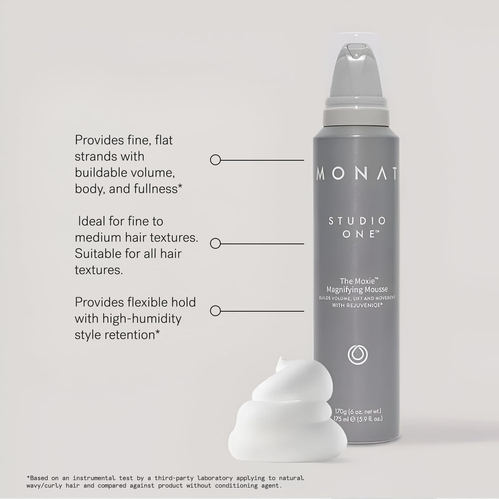 MONAT Moxie Magnifying Mousse delivers frizz control in humid conditions.