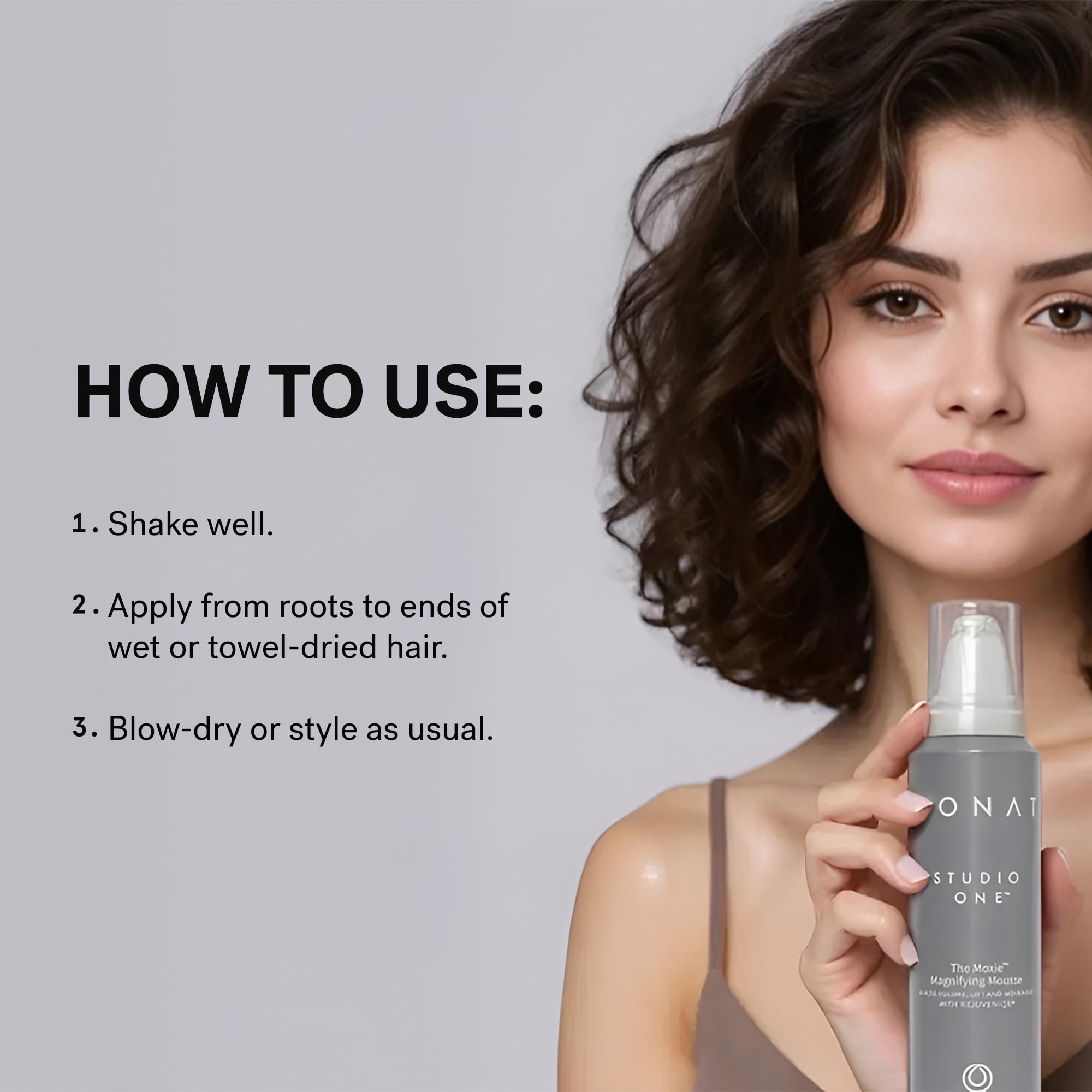 MONAT Moxie Magnifying Mousse on finished style with touchable, lasting hold.