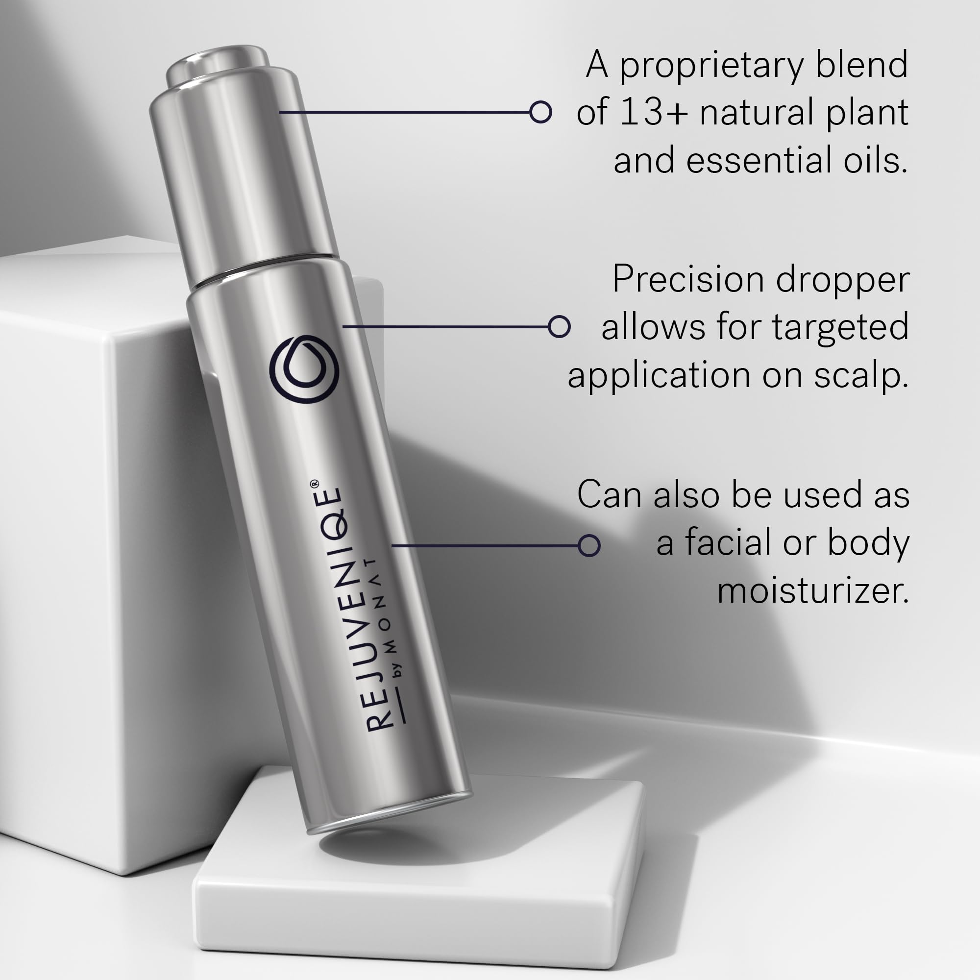 MONAT Rejuveniqe oil with Abyssinian blend highlighted for rejuvenating properties.