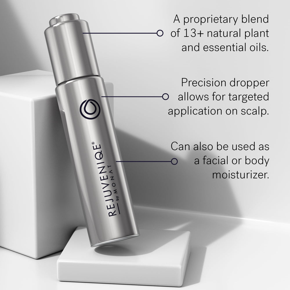 MONAT Rejuveniqe oil with Abyssinian blend highlighted for rejuvenating properties.