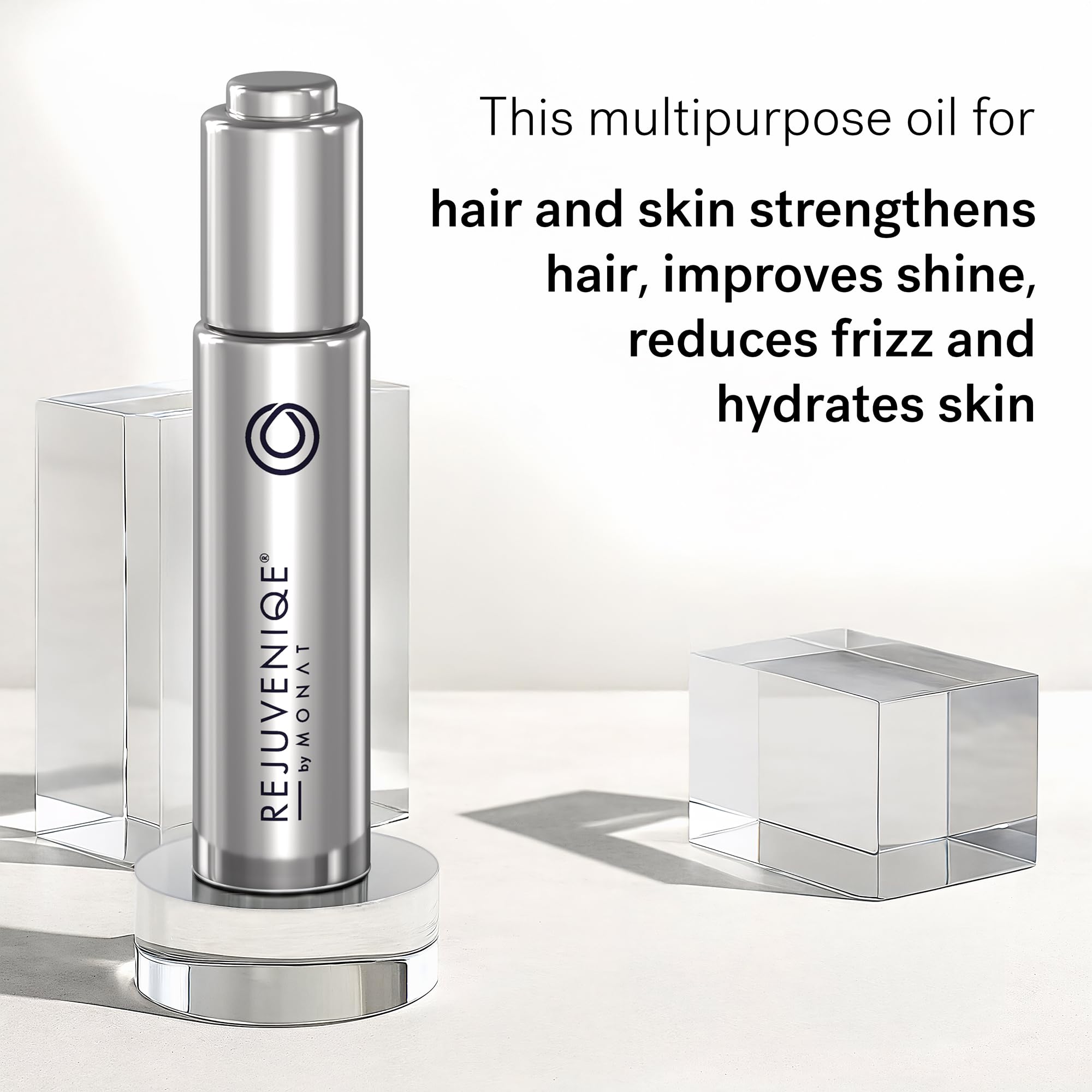 MONAT Rejuveniqe oil bottle being dispensed for easy application.