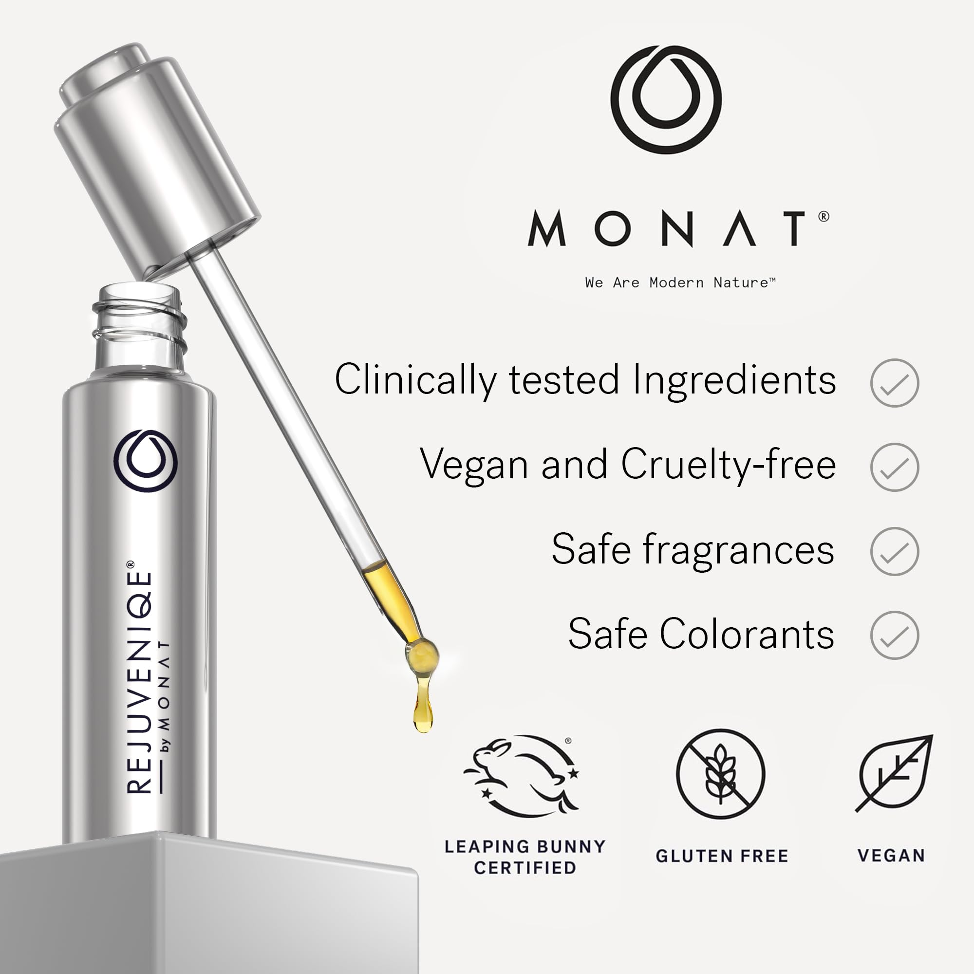 MONAT Rejuveniqe oil travel-size bottle on a vanity.