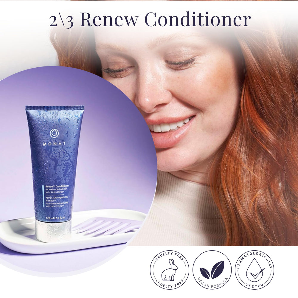 MONAT Renew Shampoo foam close-up showing hydrating cleanse.