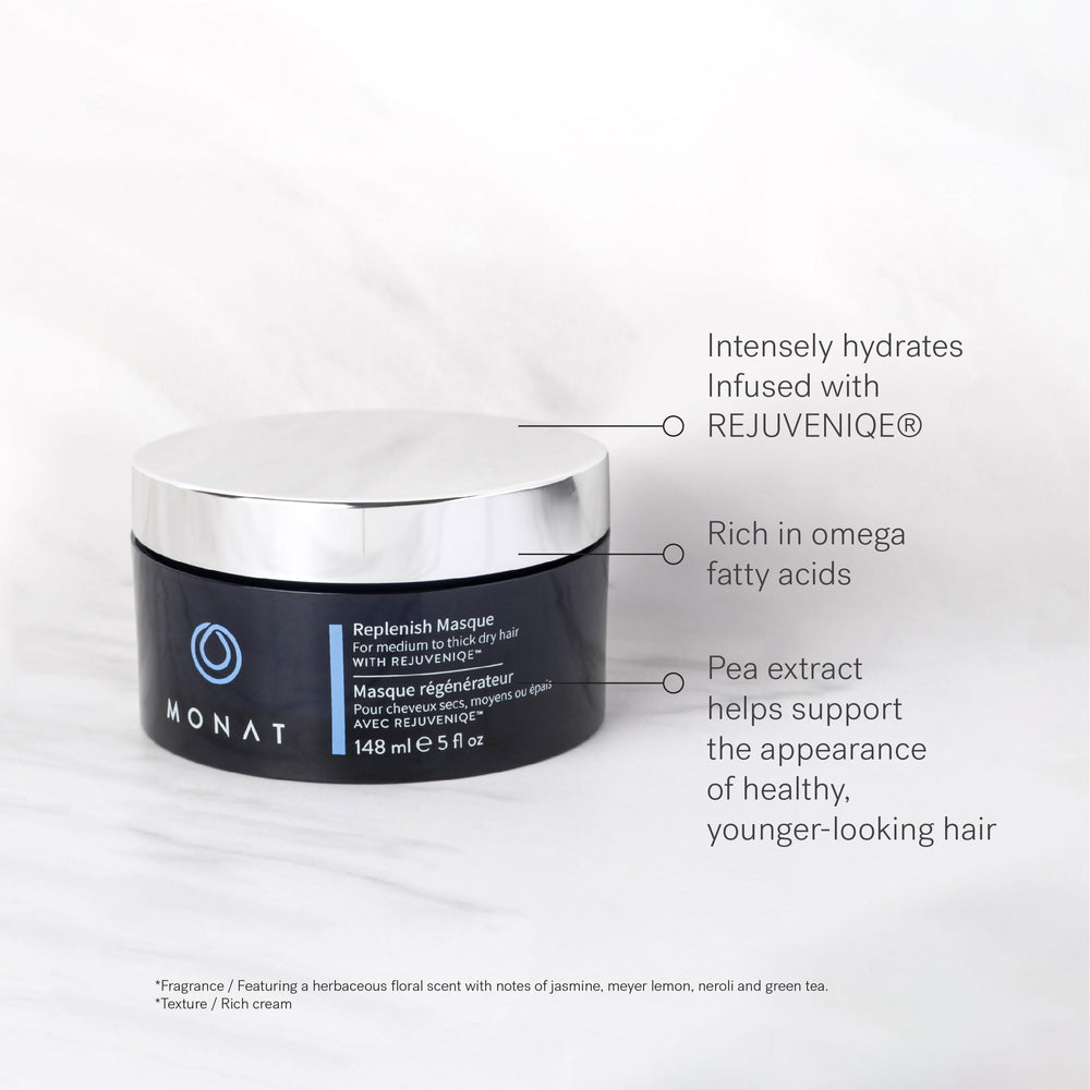 MONAT Replenish Masque jar closeup highlighting nourishing ingredients for healthier-looking hair.