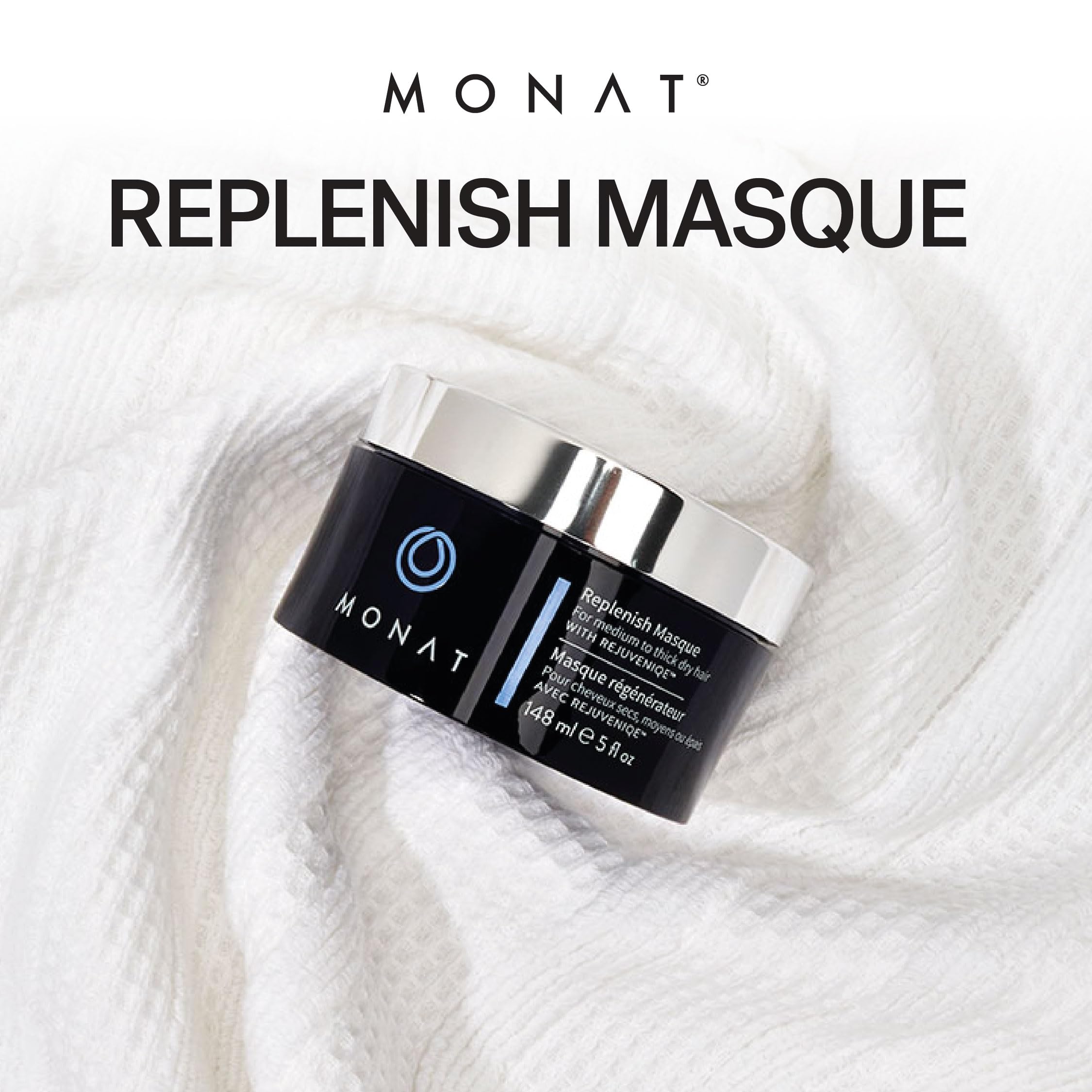 MONAT Replenish Masque rich cream texture ready for softness and manageability.
