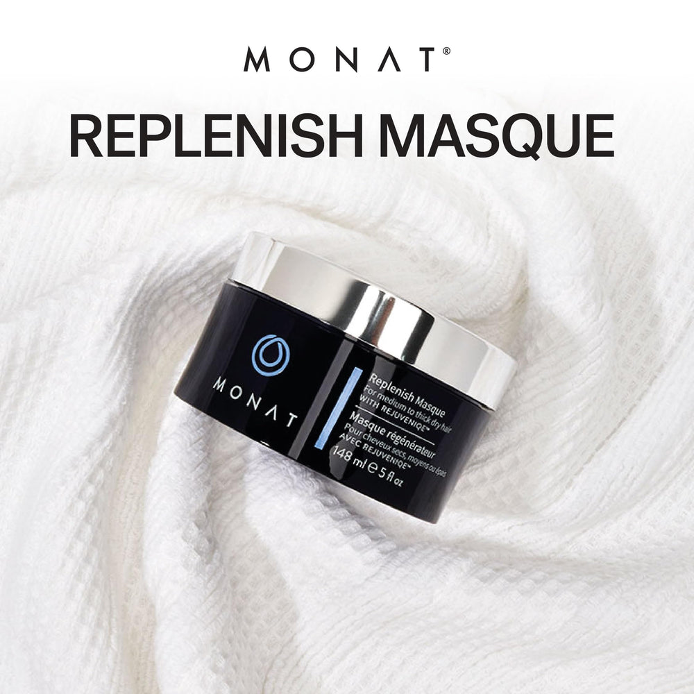 MONAT Replenish Masque rich cream texture ready for softness and manageability.