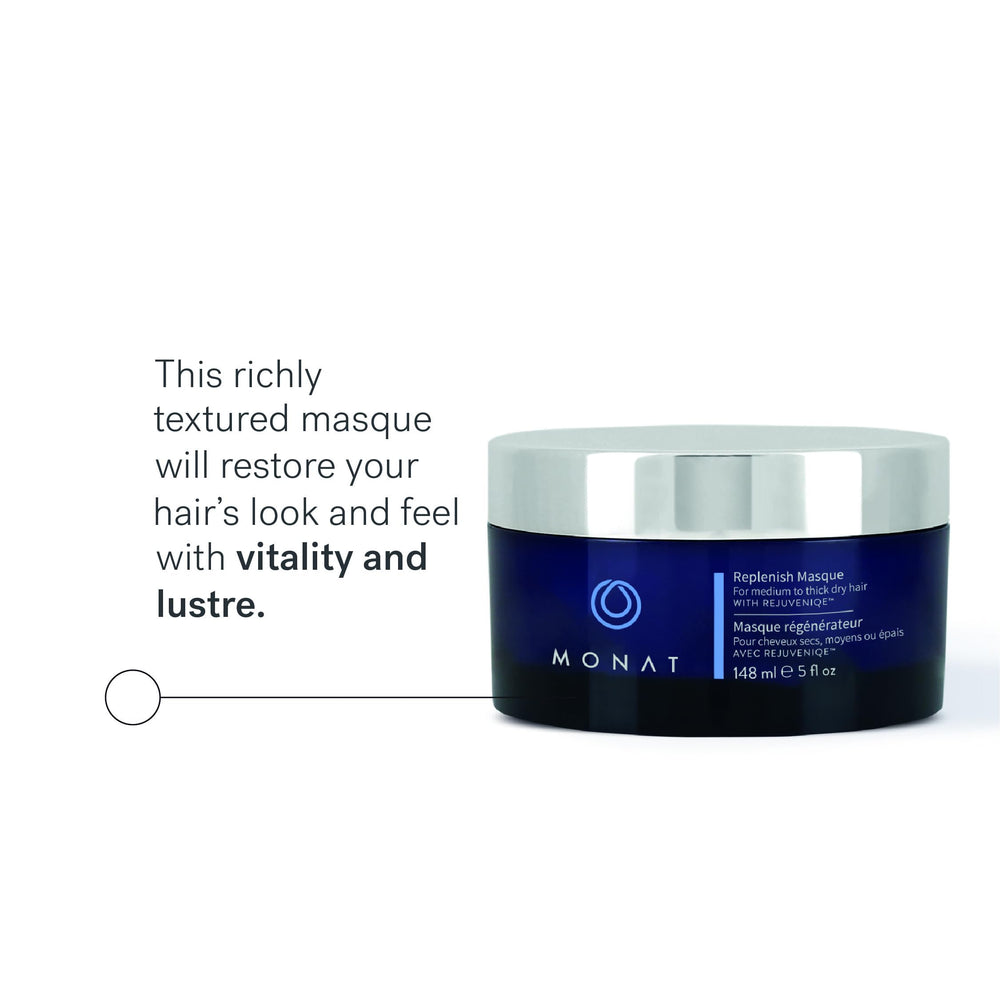 MONAT Replenish Masque vegan UV protectant shields hair from environmental stressors.