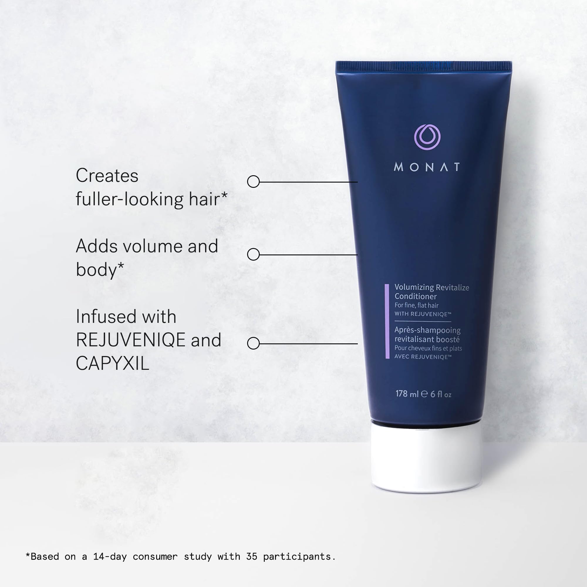 MONAT Volumizing Conditioner tube close-up emphasizing smoothing, soft finish.