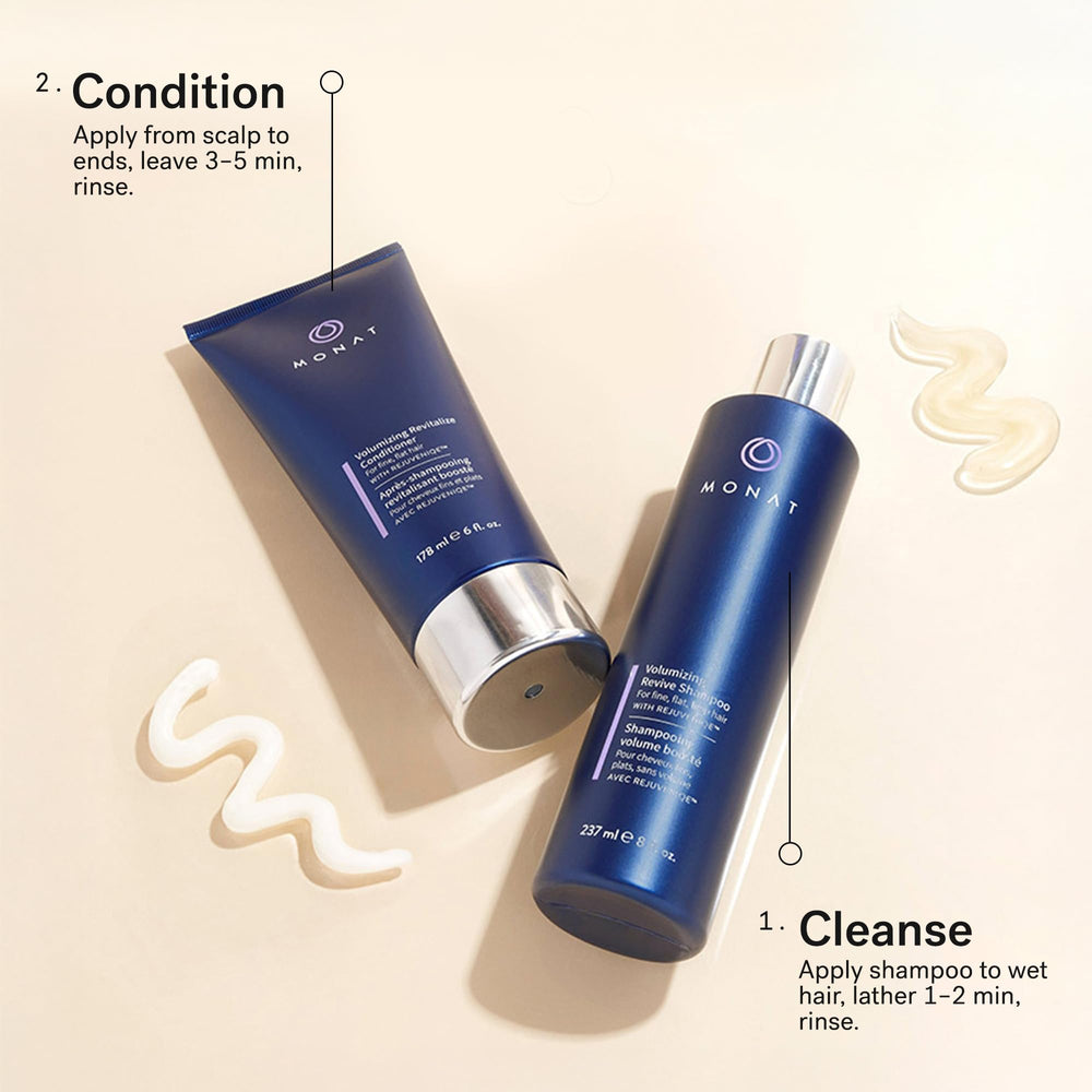 MONAT Volumizing duo packaging on countertop, ready for your at-home hair care routine.