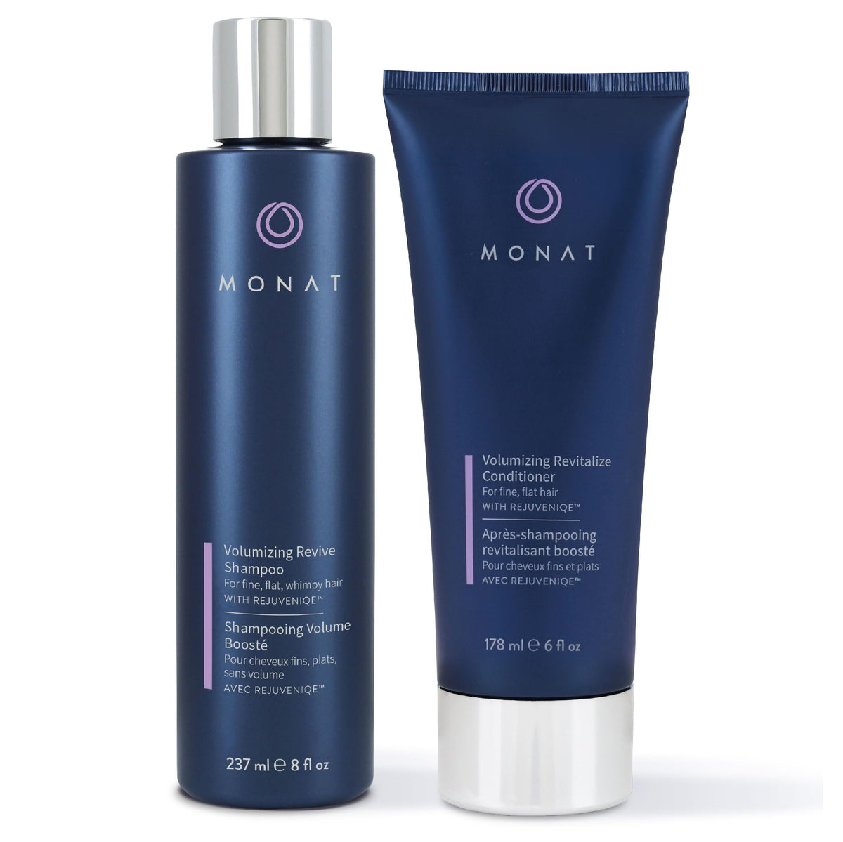 MONAT Volumizing Shampoo bottle close-up showing lifted roots for fuller hair.