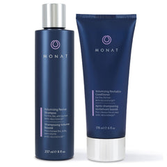MONAT Volumizing Shampoo bottle close-up showing lifted roots for fuller hair.