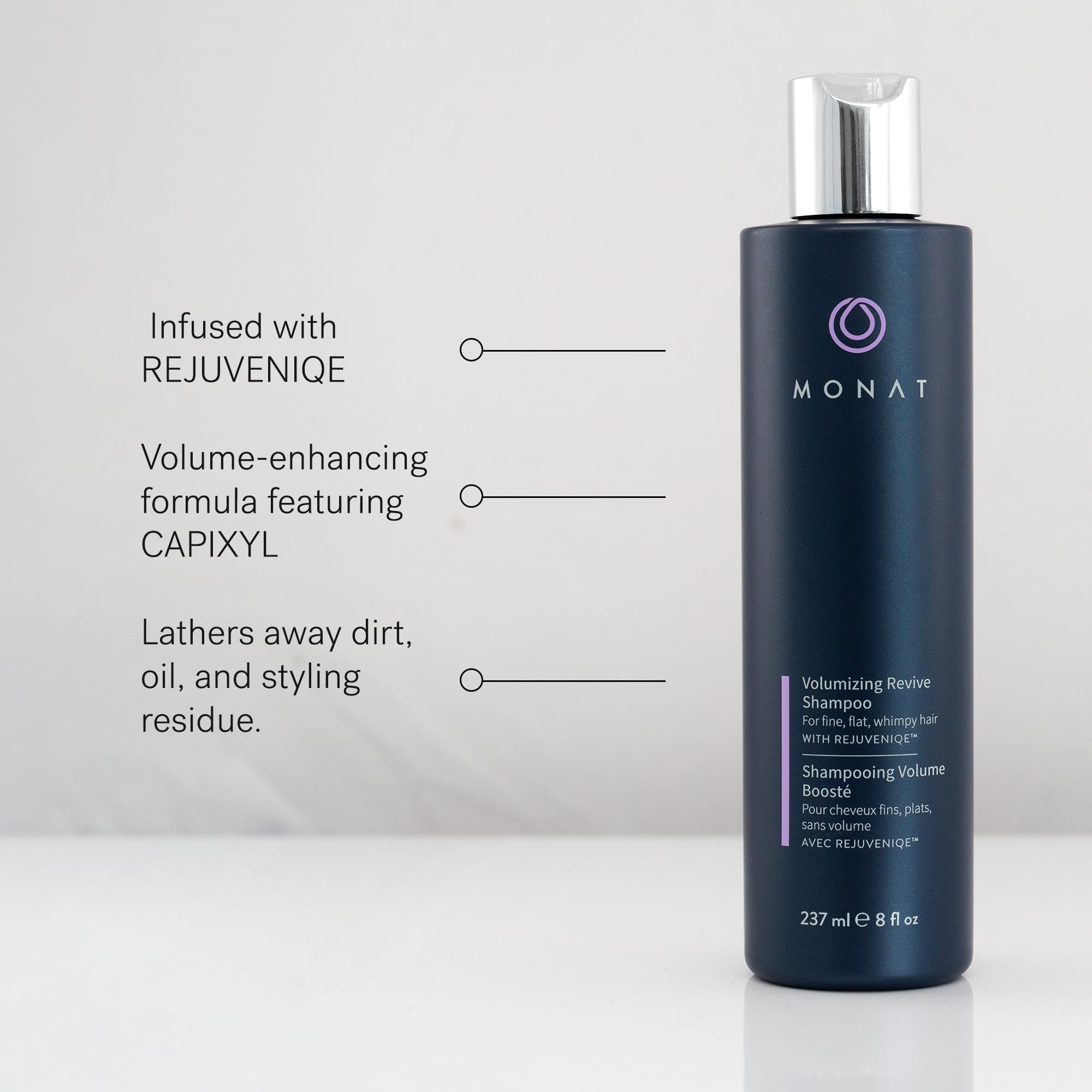 MONAT Volumizing Shampoo and Conditioner application view with lush lather in use.