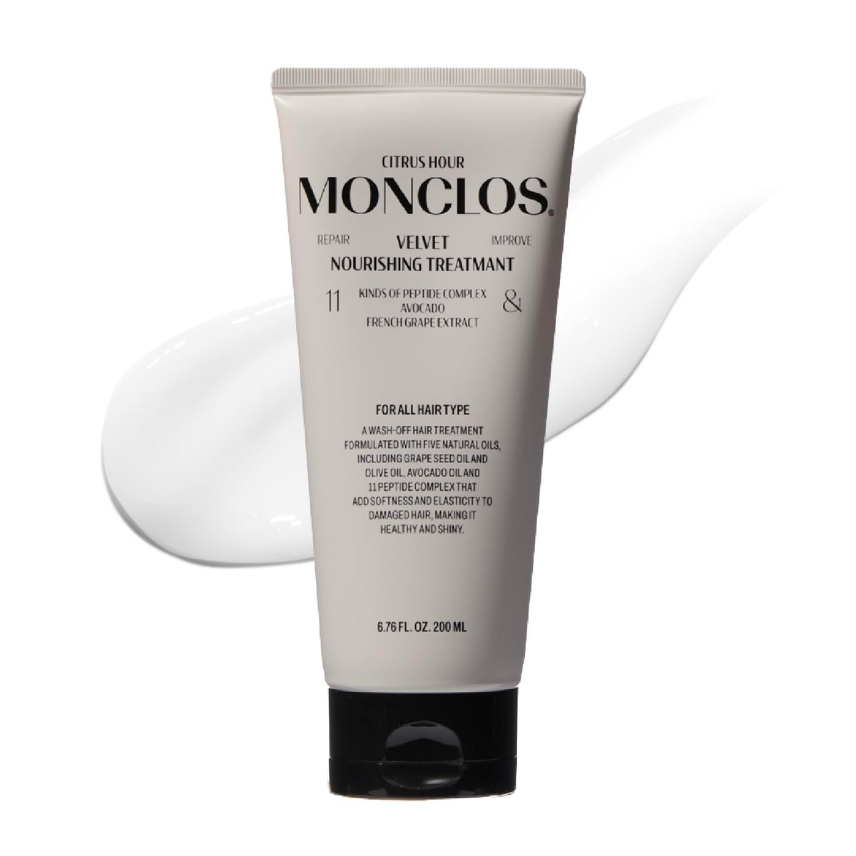 MONCLOS Velvet Hair Treatment bottle front view for deep conditioning and frizz control
