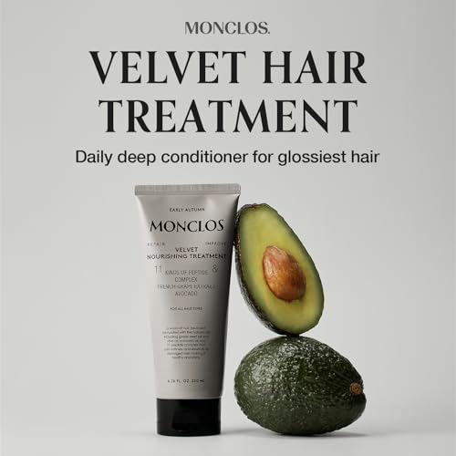 MONCLOS Velvet Hair Treatment bottle label close-up highlighting clean formula