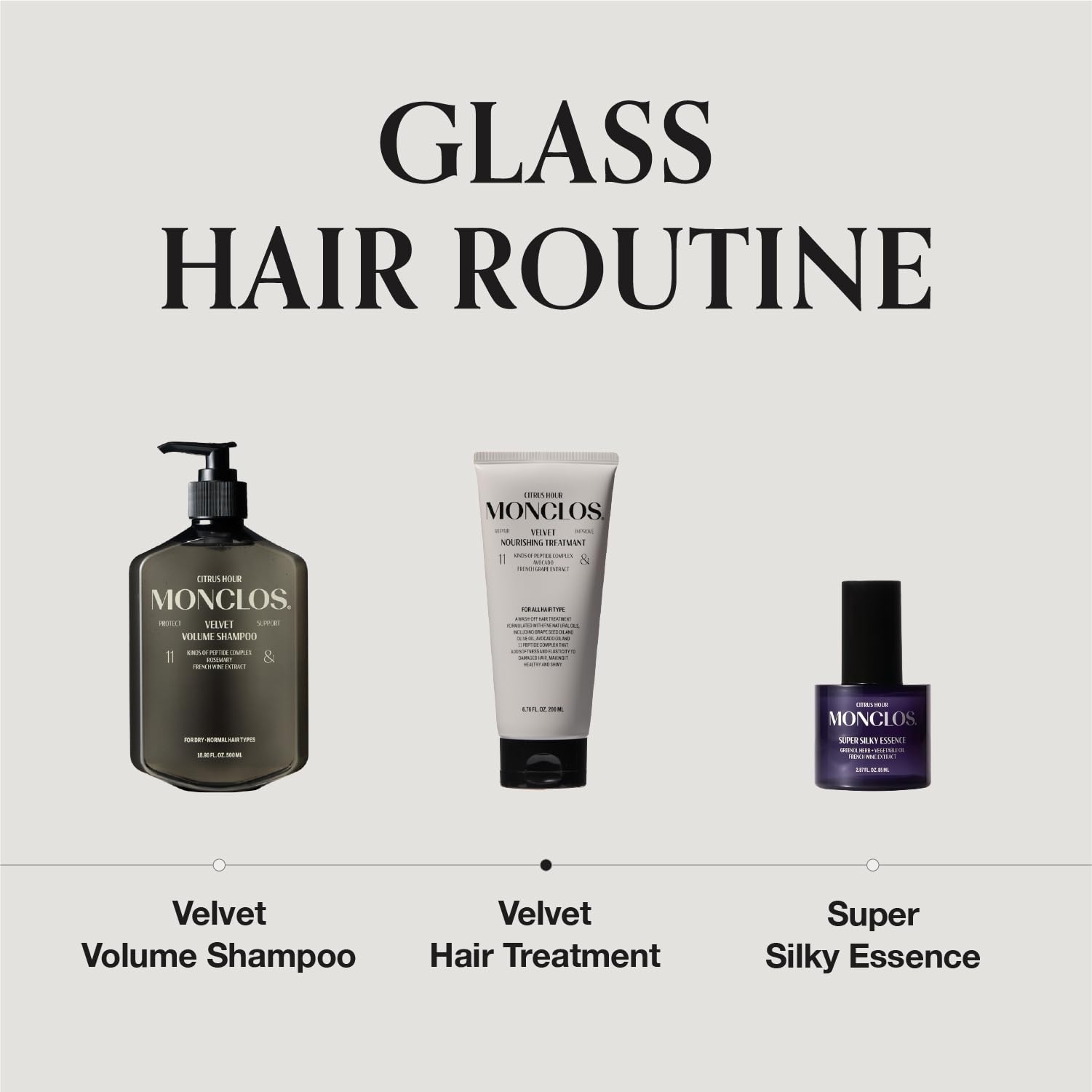 MONCLOS Velvet Hair Treatment bottle on vanity suggesting a glossy finish